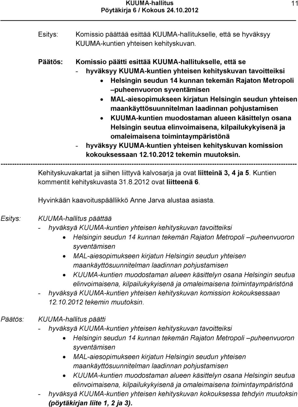 MAL-aiesopimukseen kirjatun Helsingin seudun yhteisen maankäyttösuunnitelman laadinnan pohjustamisen KUUMA-kuntien muodostaman alueen käsittelyn osana Helsingin seutua elinvoimaisena,