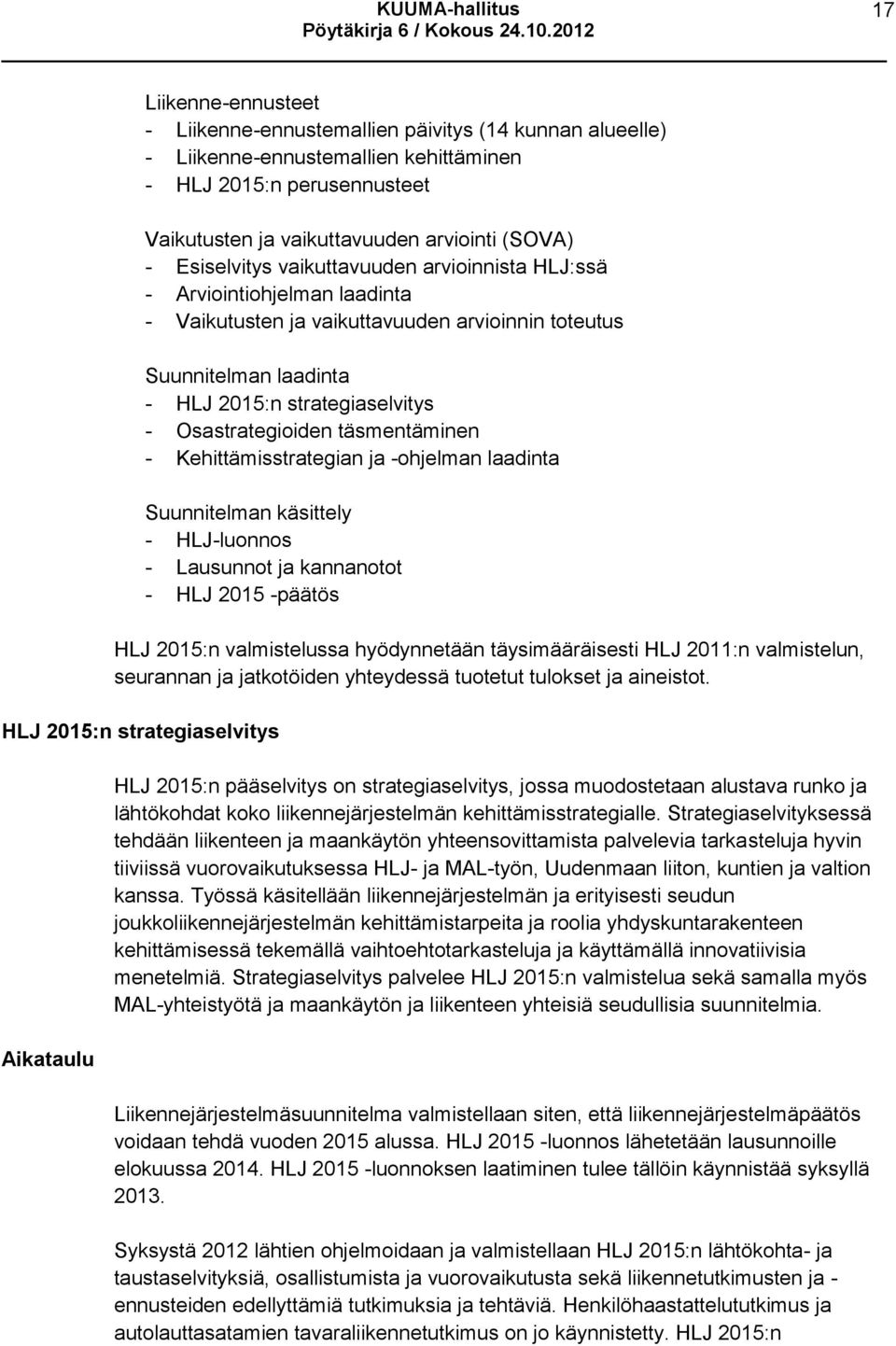 Osastrategioiden täsmentäminen - Kehittämisstrategian ja -ohjelman laadinta Suunnitelman käsittely - HLJ-luonnos - Lausunnot ja kannanotot - HLJ 2015 -päätös HLJ 2015:n valmistelussa hyödynnetään