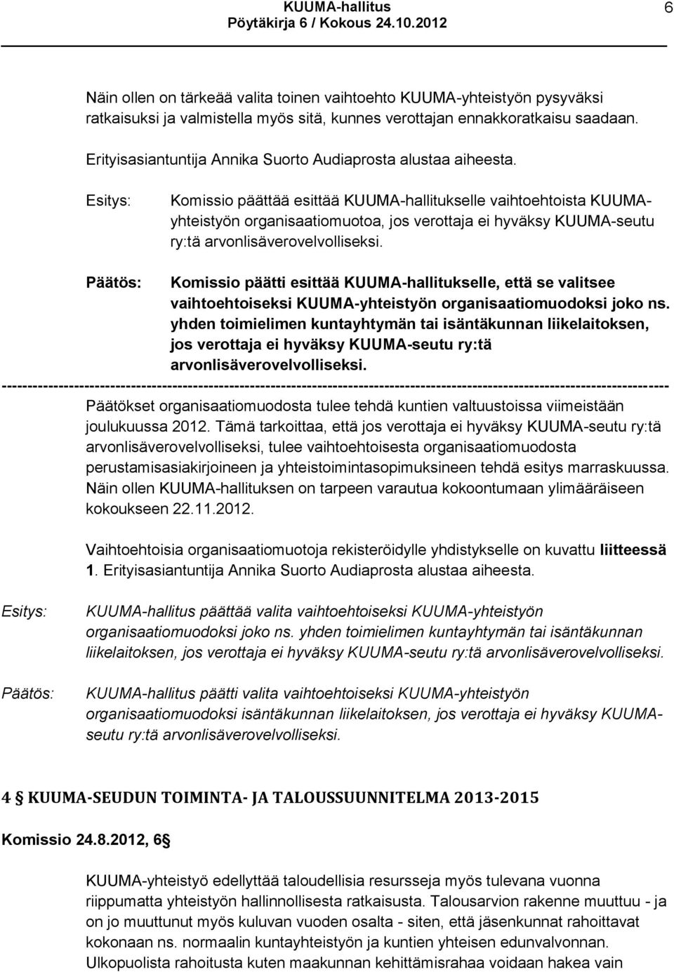 Komissio päättää esittää KUUMA-hallitukselle vaihtoehtoista KUUMAyhteistyön organisaatiomuotoa, jos verottaja ei hyväksy KUUMA-seutu ry:tä arvonlisäverovelvolliseksi.