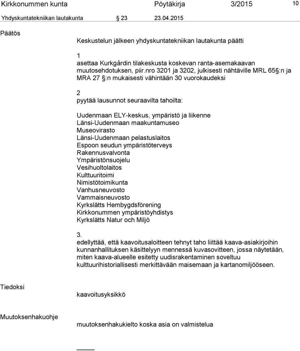 nro 3201 ja 3202, julkisesti nähtäville MRL 65 :n ja MRA 27 :n mu kai sesti vähintään 30 vuo ro kau deksi 2 pyytää lausunnot seuraavilta tahoilta: Uudenmaan ELY-keskus, ympäristö ja liikenne