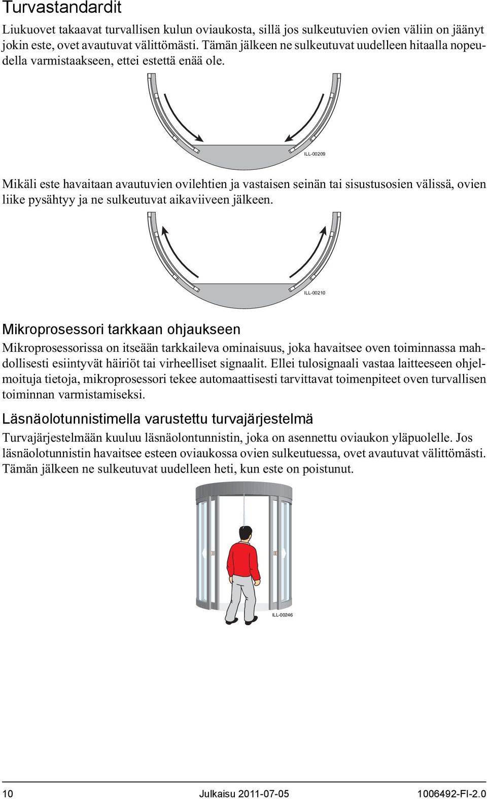 ILL-00209 Mikäli este havaitaan avautuvien ovilehtien ja vastaisen seinän tai sisustusosien välissä, ovien liike pysähtyy ja ne sulkeutuvat aikaviiveen jälkeen.