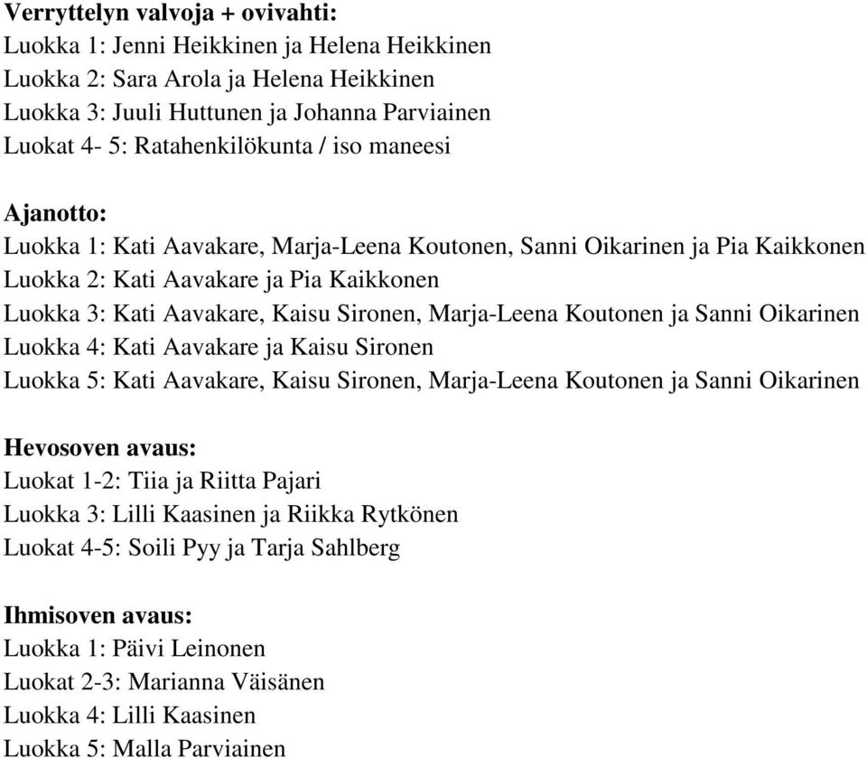 ja Sanni Oikarinen Luokka 4: Kati Aavakare ja Kaisu Sironen Luokka 5: Kati Aavakare, Kaisu Sironen, Marja-Leena Koutonen ja Sanni Oikarinen Hevosoven avaus: Luokat -2: Tiia ja Riitta Pajari Luokka