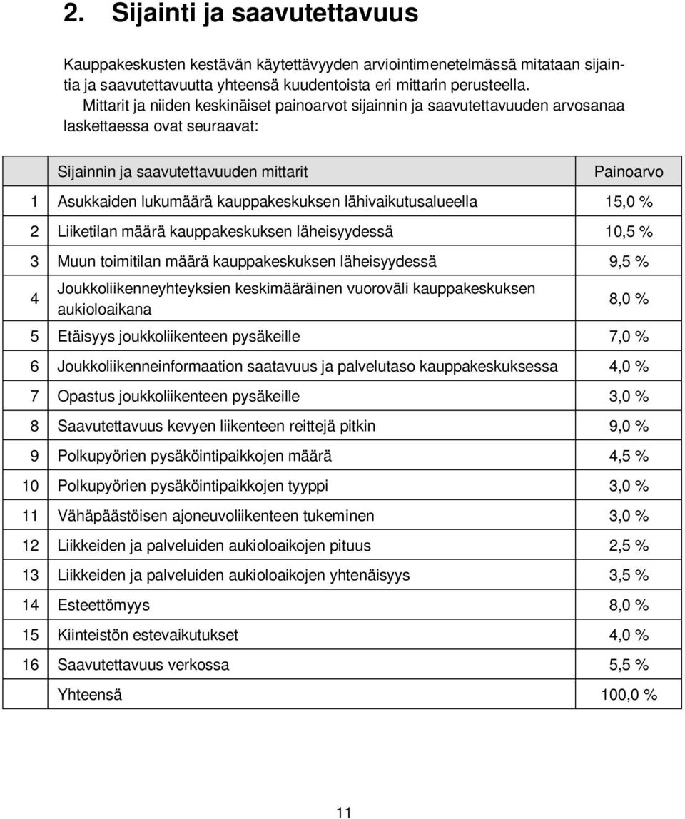 Mittarit ja niiden keskinäiset painoarvot sijainnin ja saavutettavuuden arvosanaa laskettaessa ovat seuraavat: Sijainnin ja saavutettavuuden mittarit Painoarvo 1 Asukkaiden lukumäärä kauppakeskuksen