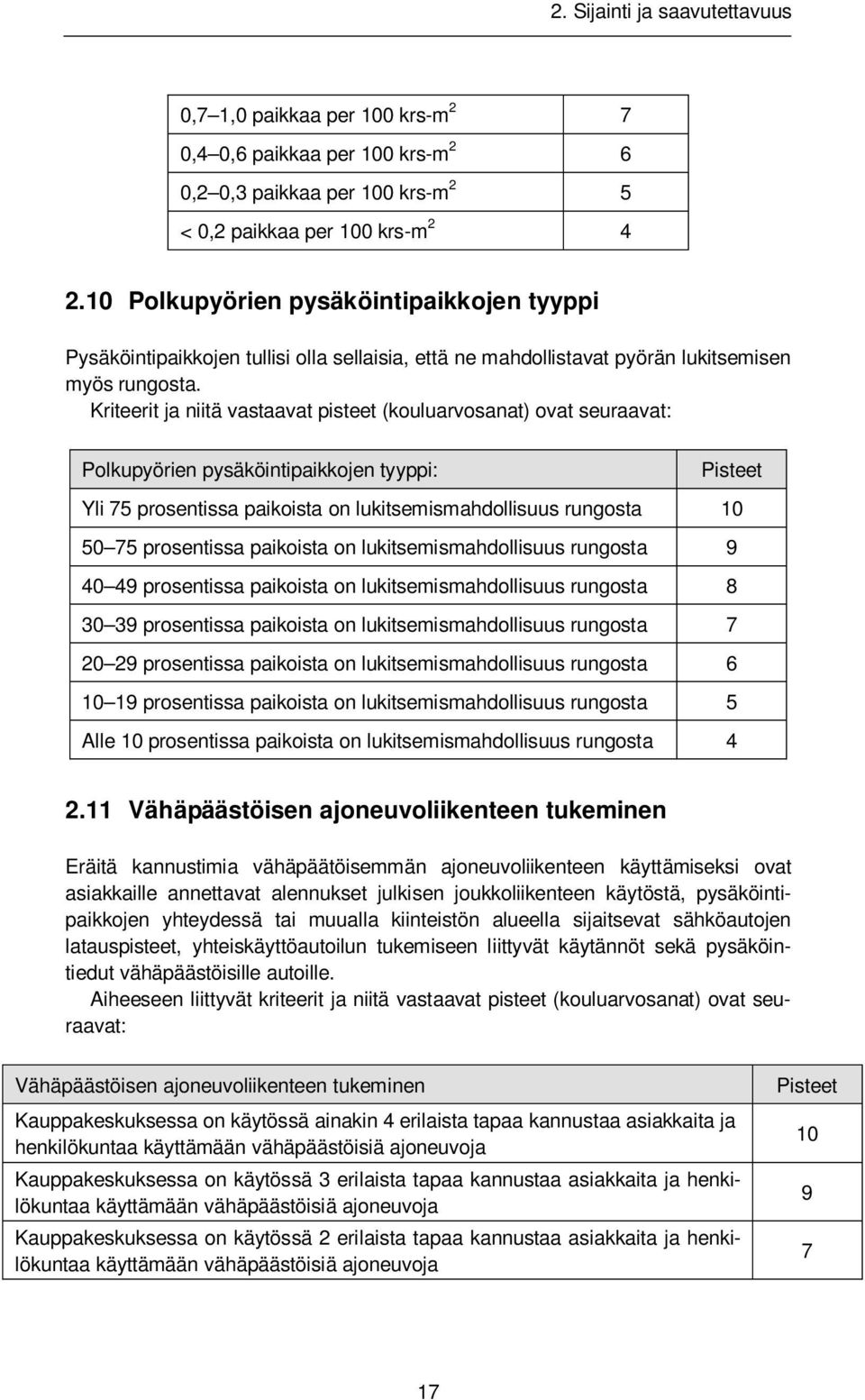 Polkupyörien pysäköintipaikkojen tyyppi: Yli 75 prosentissa paikoista on lukitsemismahdollisuus rungosta 50 75 prosentissa paikoista on lukitsemismahdollisuus rungosta 9 40 49 prosentissa paikoista