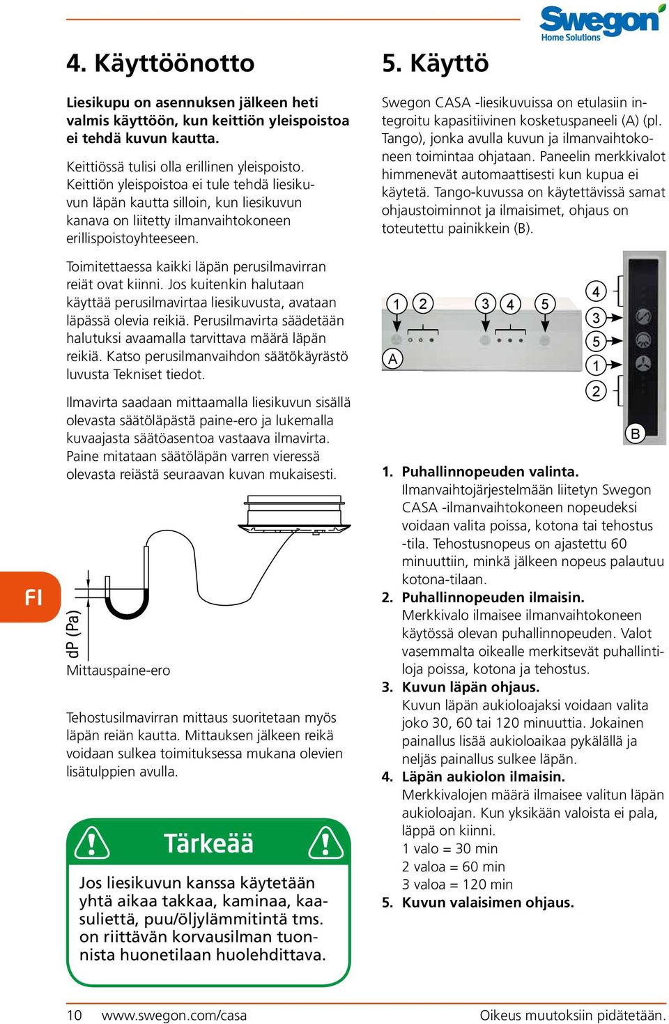 Toimitettaessa kaikki läpän perusilmavirran reiät ovat kiinni. Jos kuitenkin halutaan käyttää perusilmavirtaa liesikuvusta, avataan läpässä olevia reikiä.