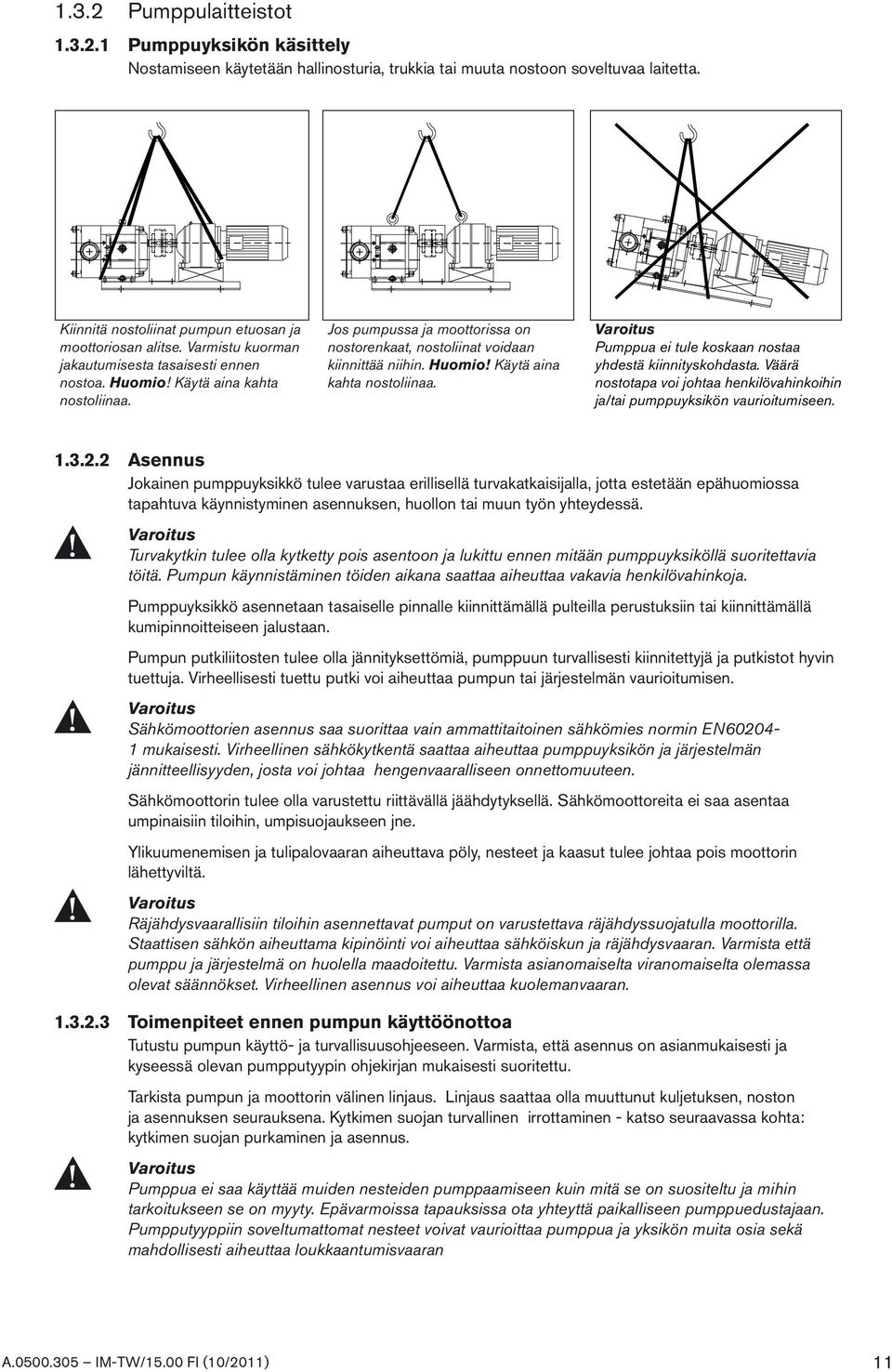 Väärä nostotapa voi johtaa henkilövahinkoihin ja/tai pumppuyksikön vaurioitumiseen. 1.3.2.