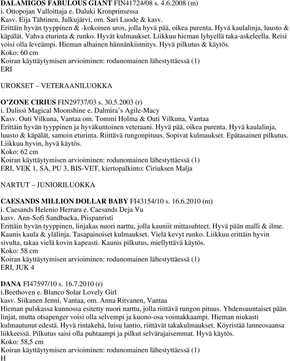 Reisi voisi olla leveämpi. Hieman alhainen hännänkiinnitys. Hyvä pilkutus & käytös. Koko: 60 cm ERI UROKSET VETERAANILUOKKA O ZONE CIRIUS FIN29737/03 s. 30.5.2003 (r) i. Dalissi Magical Moonshine e.