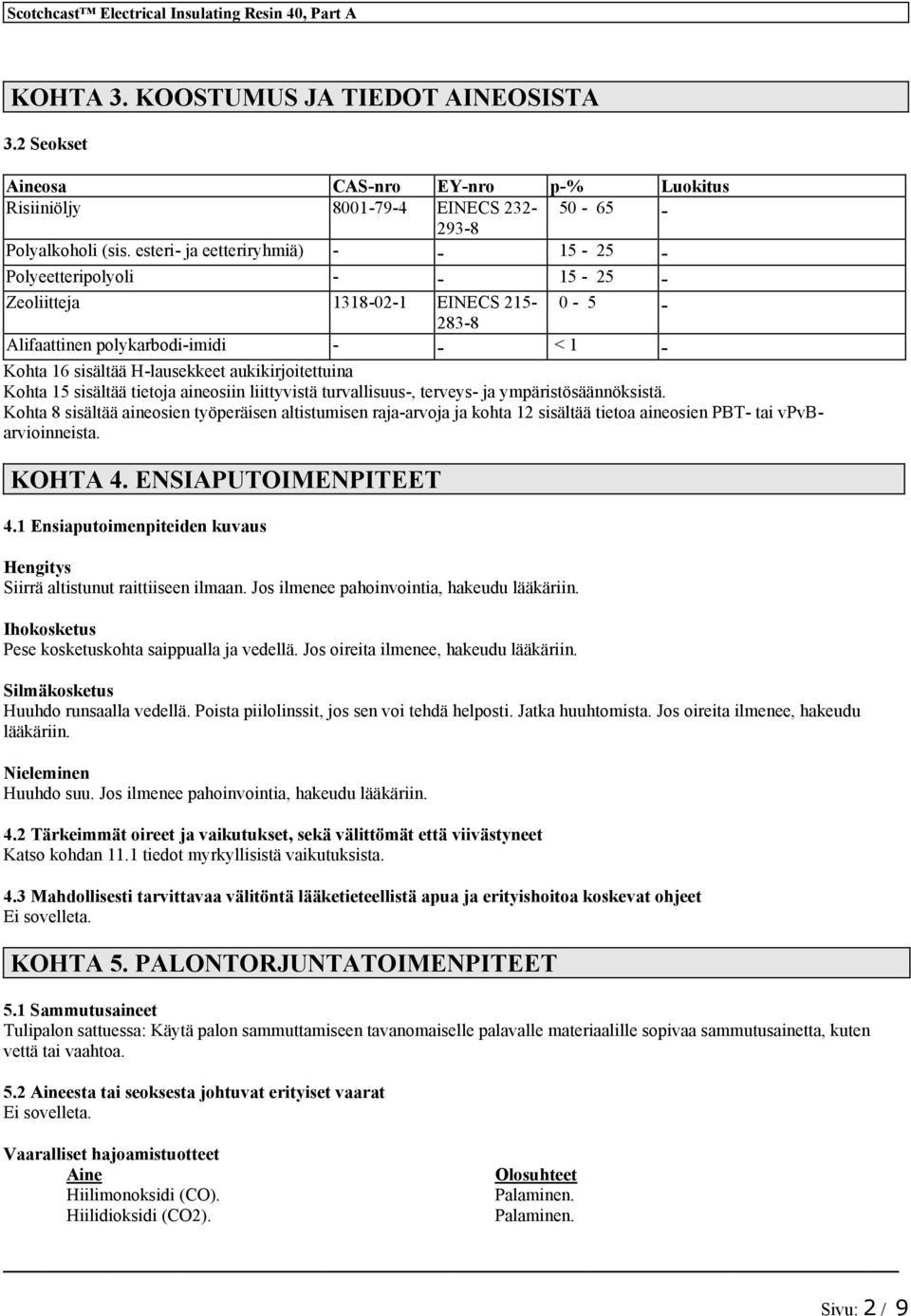 esteri- ja eetteriryhmiä) - - 15-25 - Polyeetteripolyoli - - 15-25 - Zeoliitteja 1318-02-1 EINECS 215-283-8 0-5 - Alifaattinen polykarbodi-imidi - - < 1 - Kohta 16 sisältää H-lausekkeet
