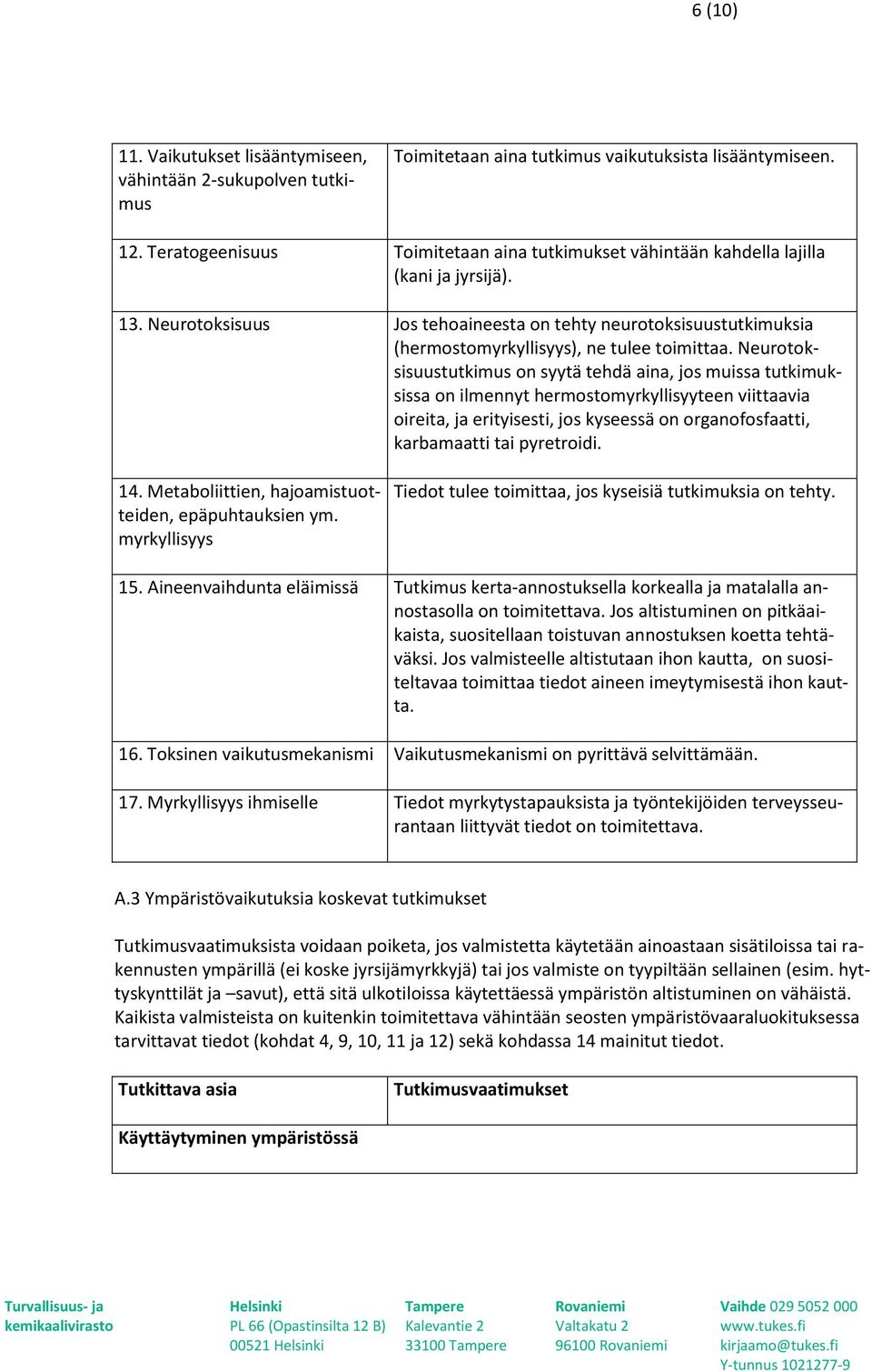 Neurotoksisuus Jos tehoaineesta on tehty neurotoksisuustutkimuksia (hermostomyrkyllisyys), ne tulee toimittaa.