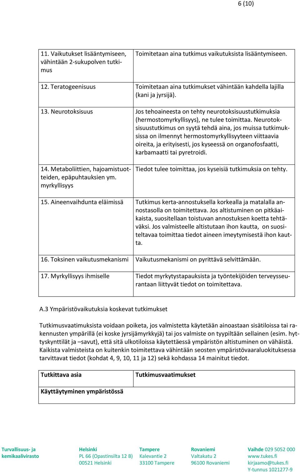 Neurotoksisuus Jos tehoaineesta on tehty neurotoksisuustutkimuksia (hermostomyrkyllisyys), ne tulee toimittaa.