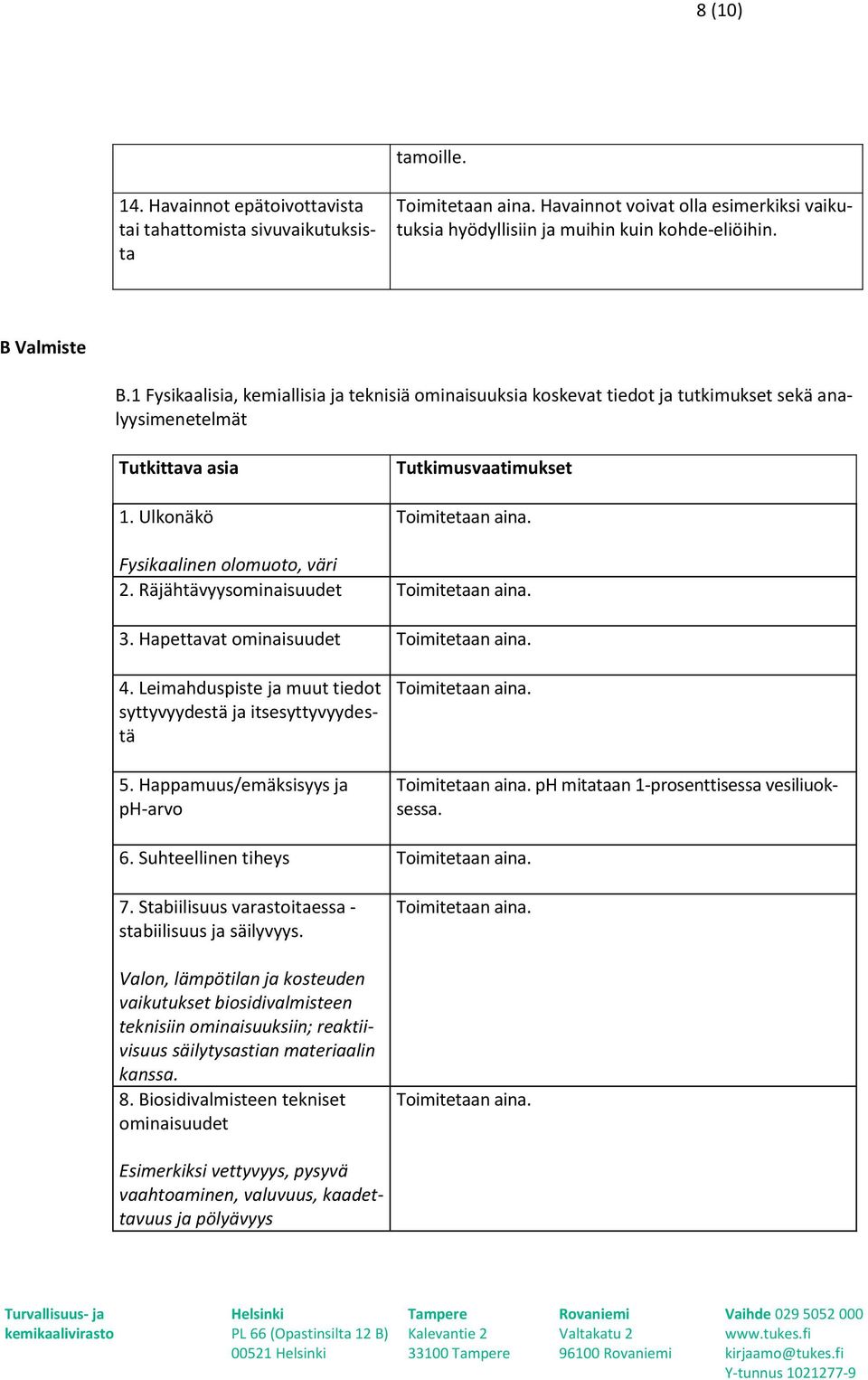 Hapettavat ominaisuudet 4. Leimahduspiste ja muut tiedot syttyvyydestä ja itsesyttyvyydestä 5. Happamuus/emäksisyys ja ph-arvo ph mitataan 1-prosenttisessa vesiliuoksessa. 6. Suhteellinen tiheys 7.