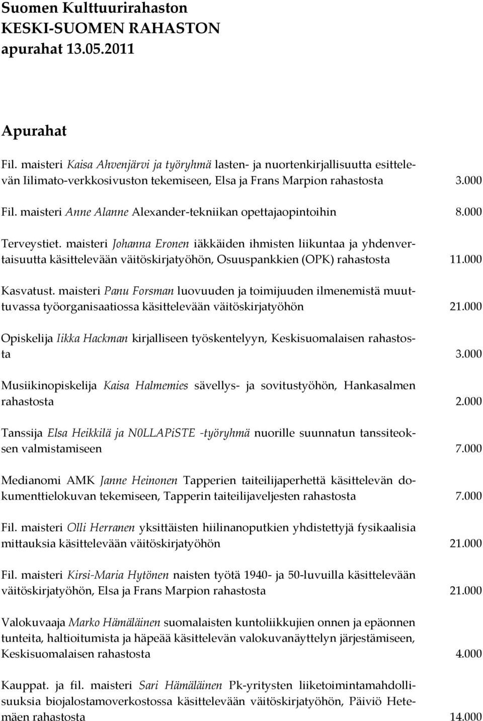 maisteri Anne Alanne Alexander-tekniikan opettajaopintoihin 8.000 Terveystiet.