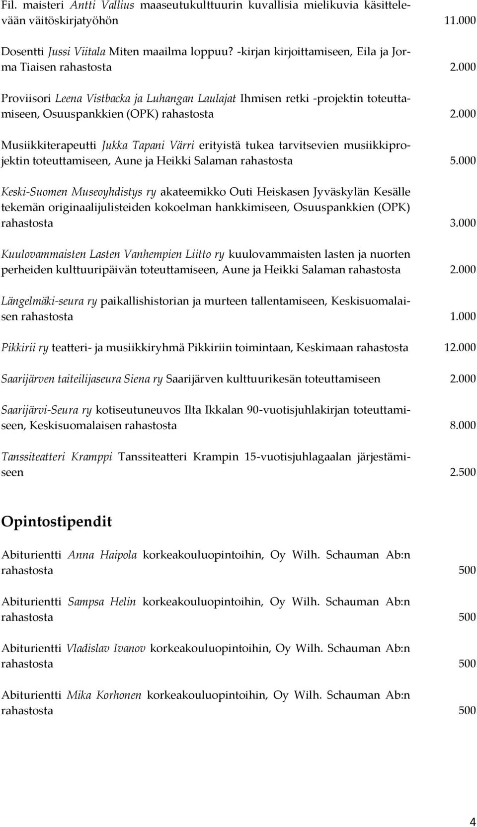 erityistä tukea tarvitsevien musiikkiprojektin toteuttamiseen, Aune ja Heikki Salaman rahastosta 5.