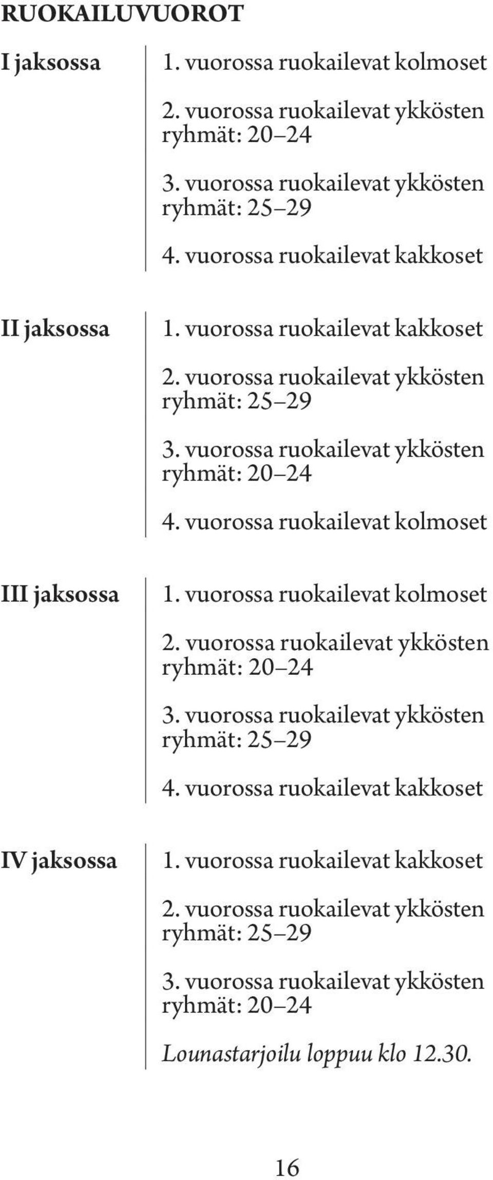 vuorossa ruokailevat ykkösten ryhmät: 20 24 4. vuorossa ruokailevat kolmoset 1. vuorossa ruokailevat kolmoset 2. vuorossa ruokailevat ykkösten ryhmät: 20 24 3.