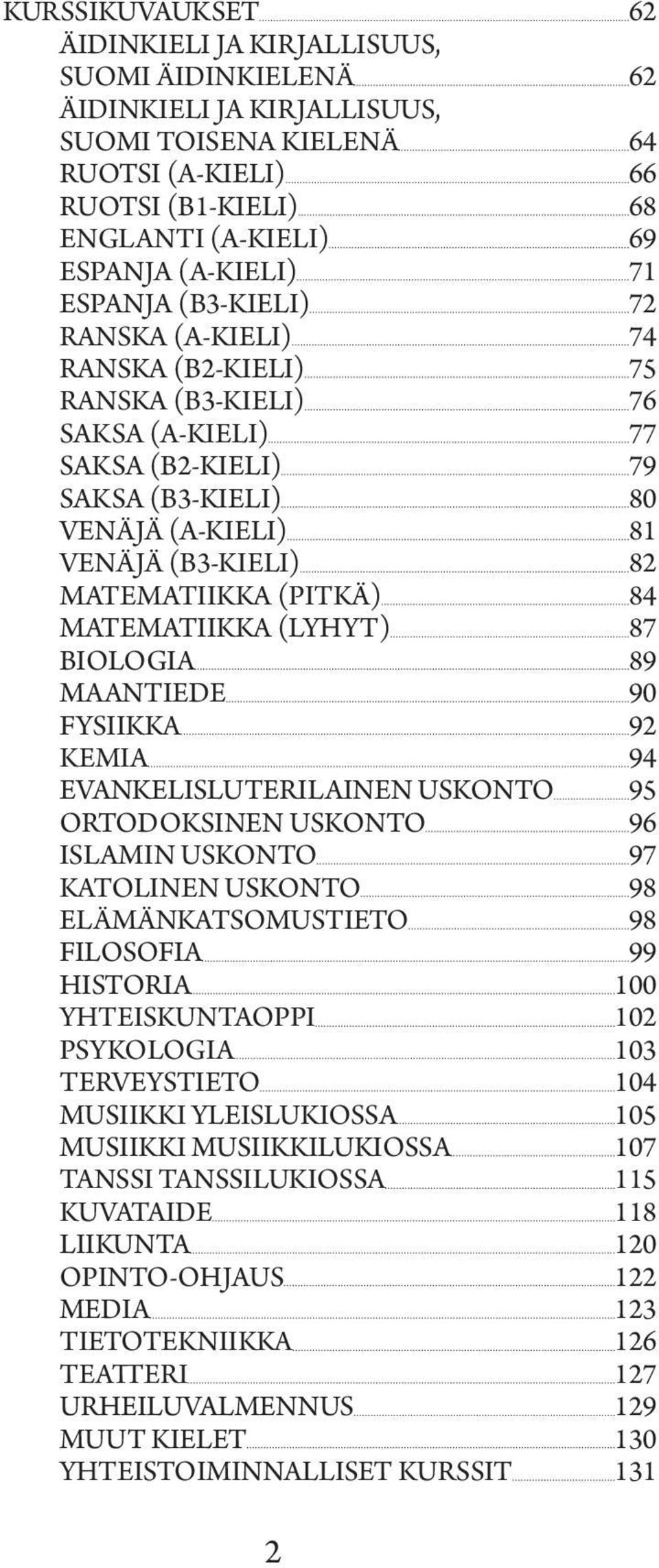 MATEMATIIKKA (PITKÄ) 84 MATEMATIIKKA (LYHYT) 87 BIOLOGIA 89 MAANTIEDE 90 FYSIIKKA 92 KEMIA 94 EVANKELISLUTERILAINEN USKONTO 95 ORTODOKSINEN USKONTO 96 ISLAMIN USKONTO 97 KATOLINEN USKONTO 98