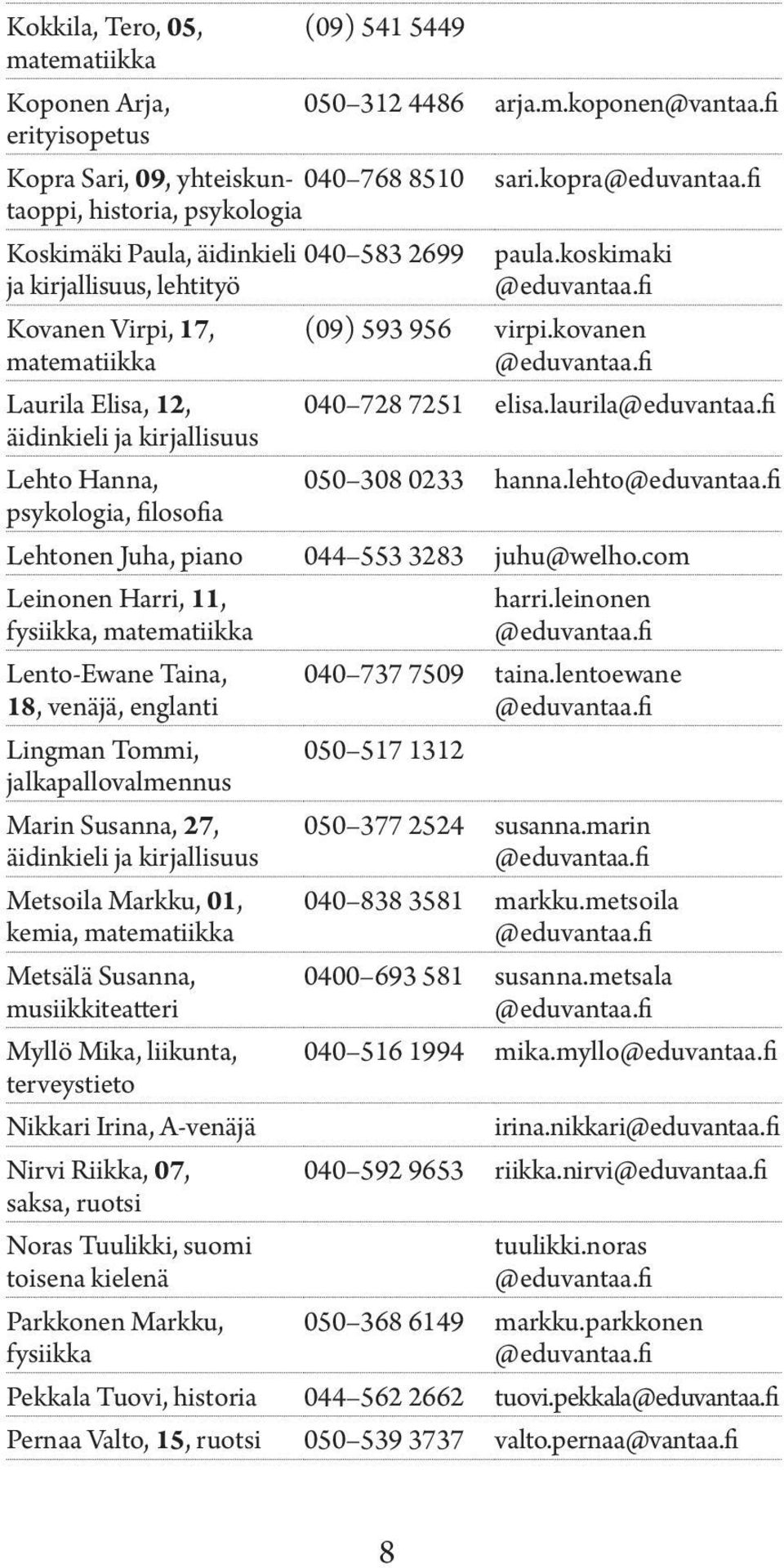 fi Kovanen Virpi, 17, matematiikka Laurila Elisa, 12, äidinkieli ja kirjallisuus Lehto Hanna, psykologia, filosofia (09) 593 956 virpi.kovanen @eduvantaa.fi 040 728 7251 elisa.laurila@eduvantaa.