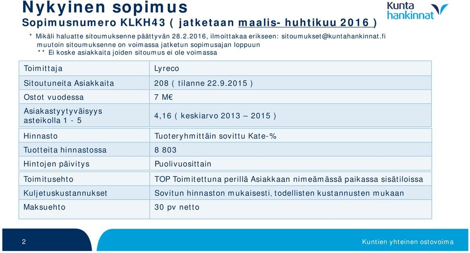 2015 ) Ostot vuodessa 7 M Asiakastyytyväisyys asteikolla 1-5 Hinnasto Tuotteita hinnastossa 8 803 Hintojen päivitys 4,16 ( keskiarvo 2013 2015 ) Tuoteryhmittäin sovittu Kate-%