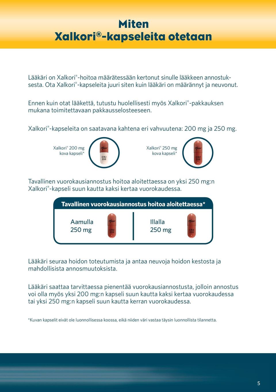 Xalkori 200 mg kova kapseli* Xalkori 250 mg kova kapseli* Tavallinen vuorokausiannostus hoitoa aloitettaessa on yksi 250 mg:n Xalkori -kapseli suun kautta kaksi kertaa vuorokaudessa.