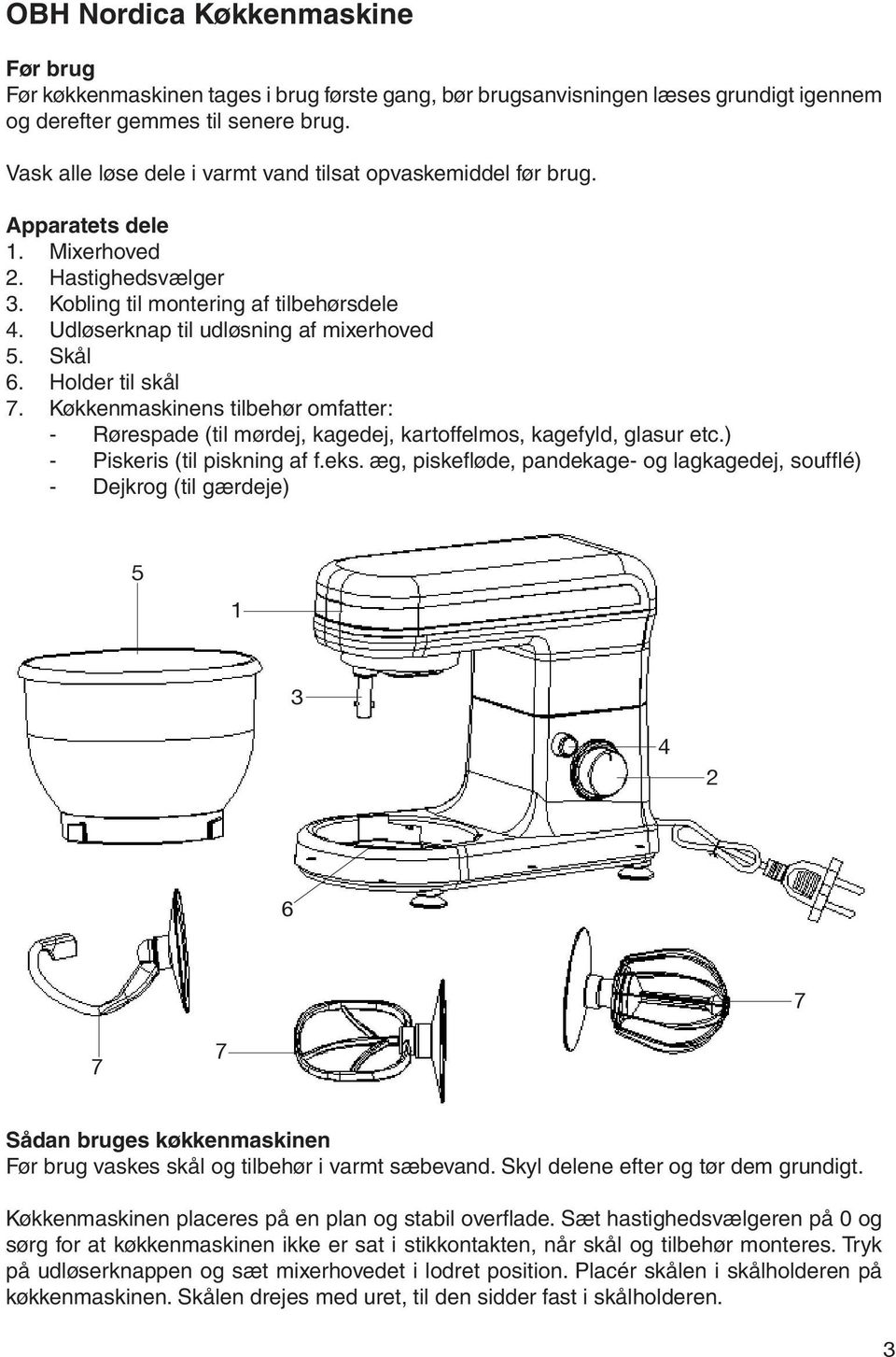 Udløserknap til udløsning af mixerhoved 5. Skål 6. Holder til skål 7. Køkkenmaskinens tilbehør omfatter: - Rørespade (til mørdej, kagedej, kartoffelmos, kagefyld, glasur etc.