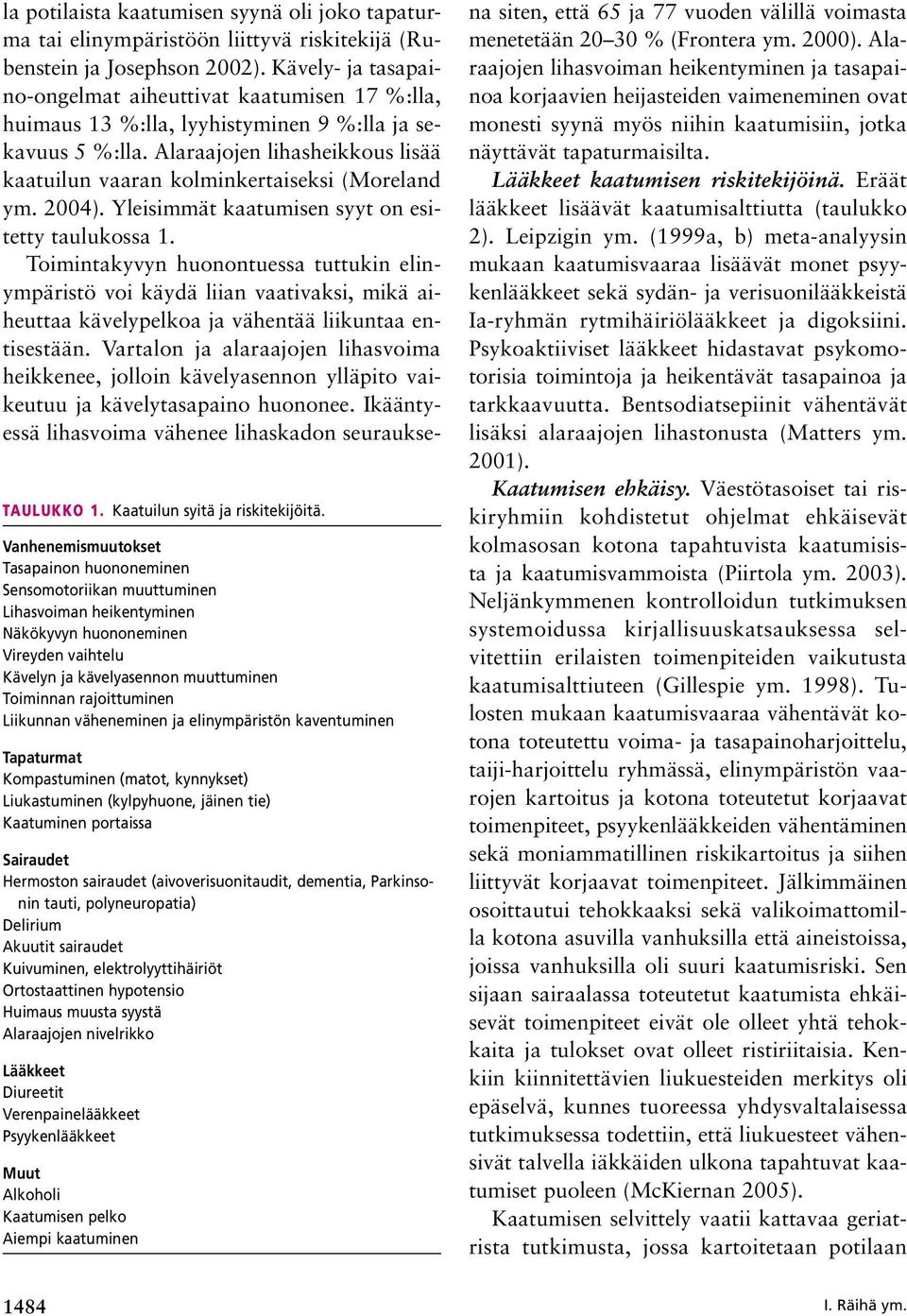 Liikunnan väheneminen ja elinympäristön kaventuminen Tapaturmat Kompastuminen (matot, kynnykset) Liukastuminen (kylpyhuone, jäinen tie) Kaatuminen portaissa Sairaudet Hermoston sairaudet