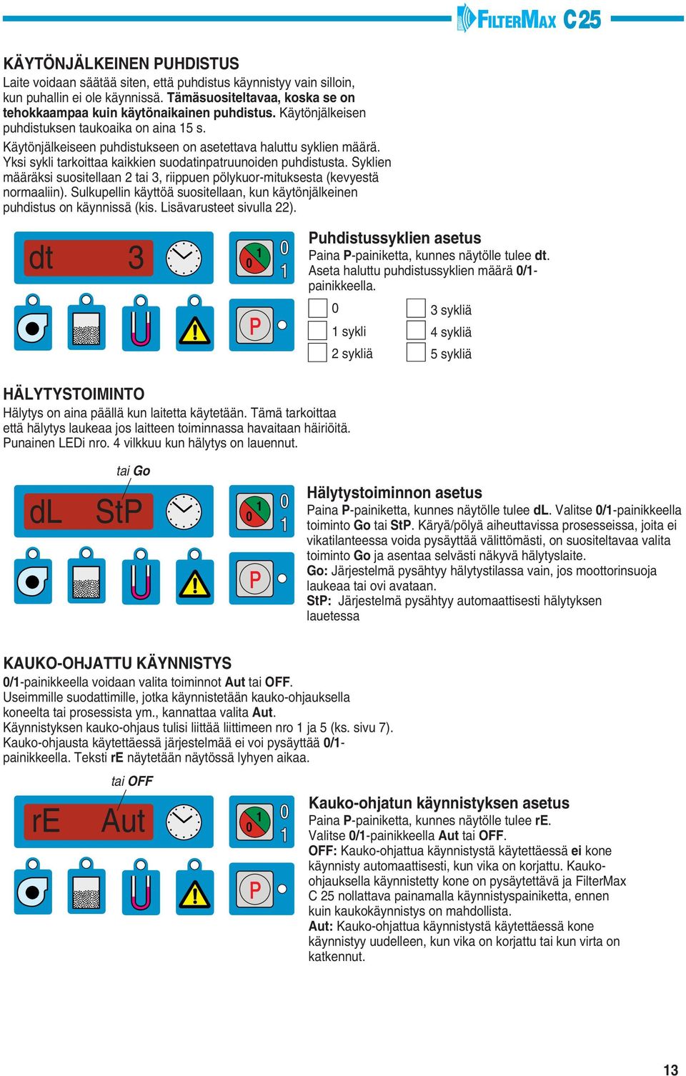 Syklien määräksi suositellaan 2 tai 3, riippuen pölykuor-mituksesta (kevyestä normaaliin). Sulkupellin käyttöä suositellaan, kun käytönjälkeinen puhdistus on käynnissä (kis. Lisävarusteet sivulla 22).