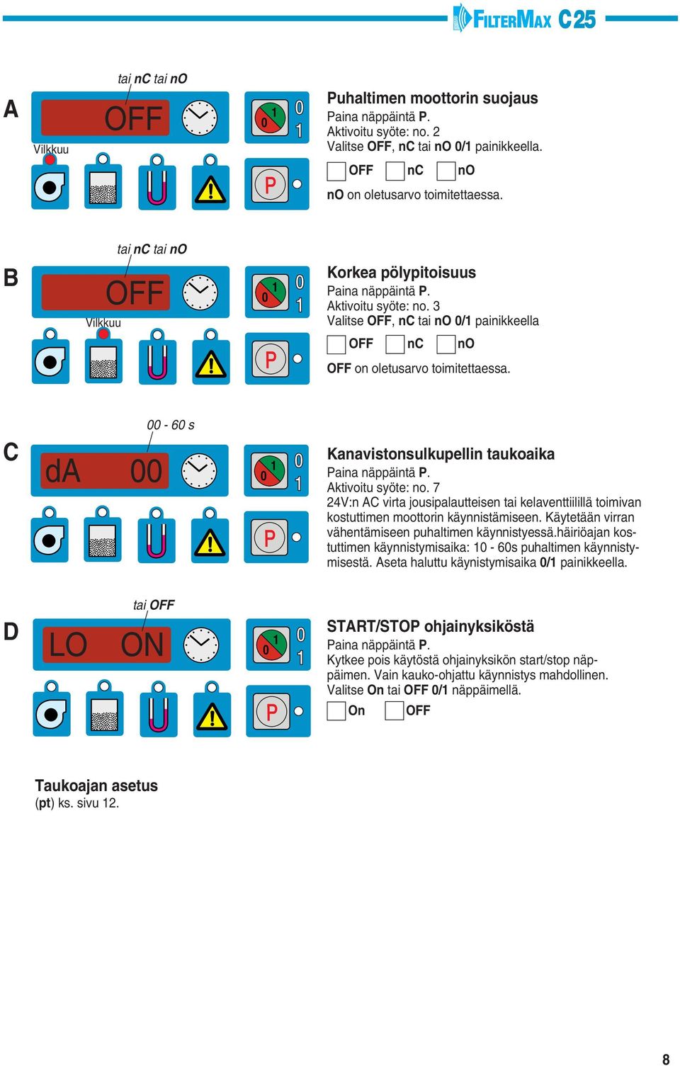 C da - 6 s Kanavistonsulkupellin taukoaika aina näppäintä. Aktivoitu syöte: no. 7 24V:n AC virta jousipalautteisen tai kelaventtiilillä toimivan kostuttimen moottorin käynnistämiseen.