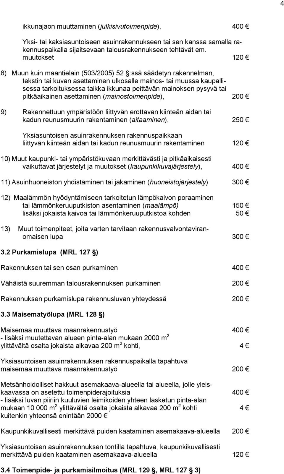 mainoksen pysyvä tai pitkäaikainen asettaminen (mainostoimenpide), 200 9) Rakennettuun ympäristöön liittyvän erottavan kiinteän aidan tai kadun reunusmuurin rakentaminen (aitaaminen), 250