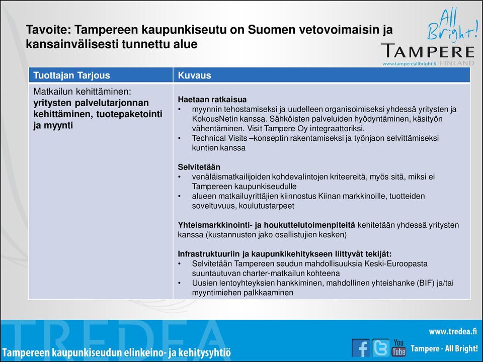 Technical Visits konseptin rakentamiseksi ja työnjaon selvittämiseksi kuntien kanssa Selvitetään venäläismatkailijoiden kohdevalintojen kriteereitä, myös sitä, miksi ei Tampereen kaupunkiseudulle