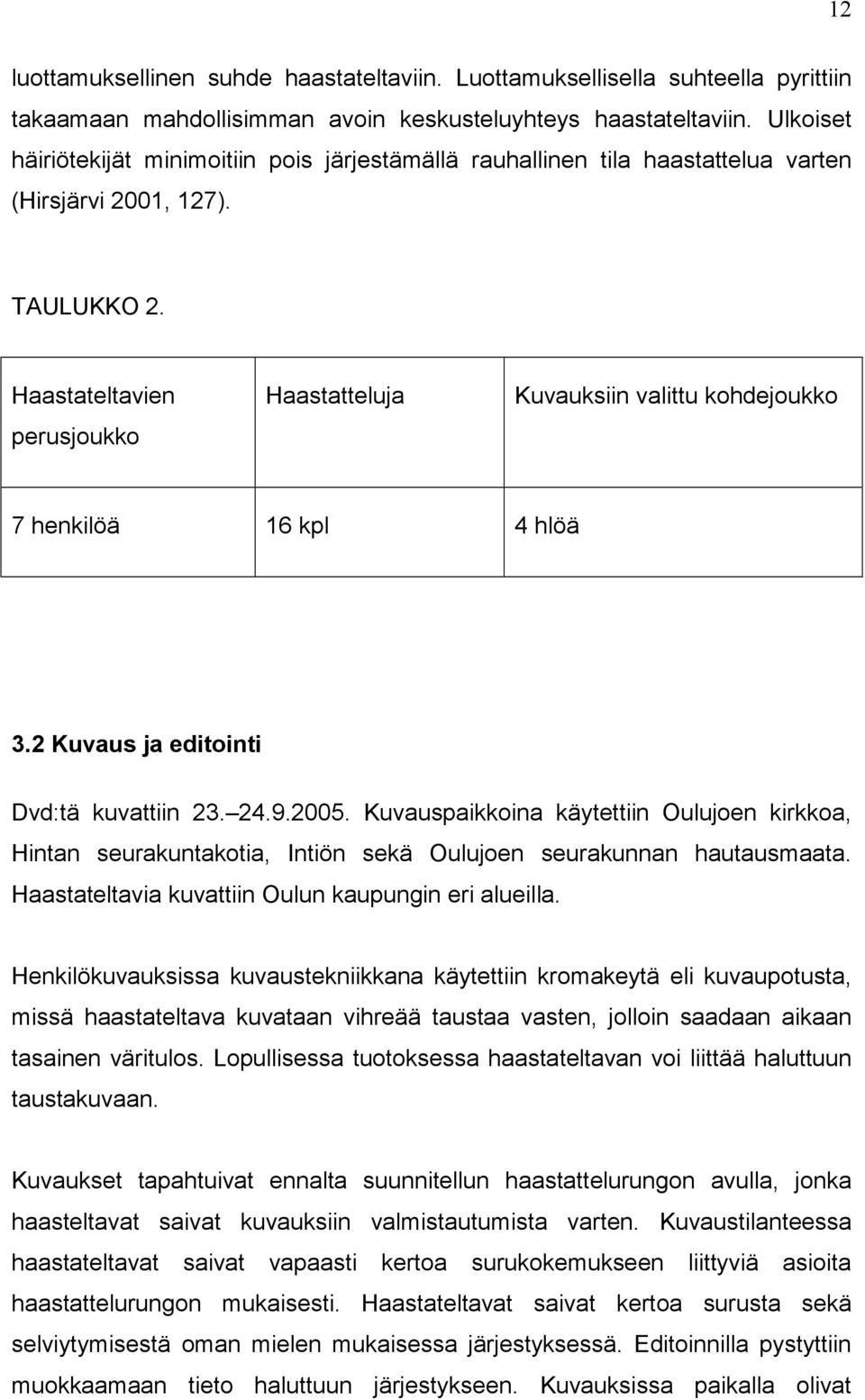 Haastateltavien perusjoukko Haastatteluja Kuvauksiin valittu kohdejoukko 7 henkilöä 16 kpl 4 hlöä 3.2 Kuvaus ja editointi Dvd:tä kuvattiin 23. 24.9.2005.
