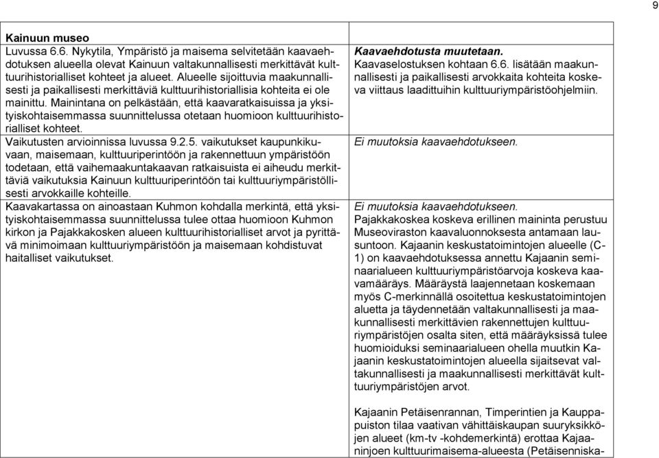 Mainintana on pelkästään, että kaavaratkaisuissa ja yksityiskohtaisemmassa suunnittelussa otetaan huomioon kulttuurihistorialliset kohteet. Vaikutusten arvioinnissa luvussa 9.2.5.