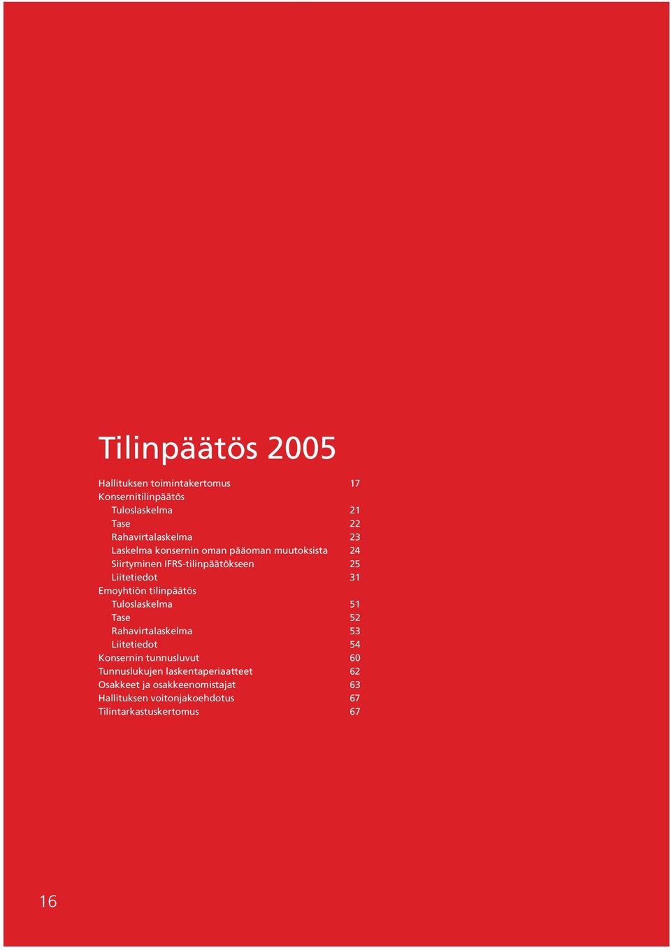 tilinpäätös Tuloslaskelma 51 Tase 52 Rahavirtalaskelma 53 Liitetiedot 54 Konsernin tunnusluvut 60 Tunnuslukujen