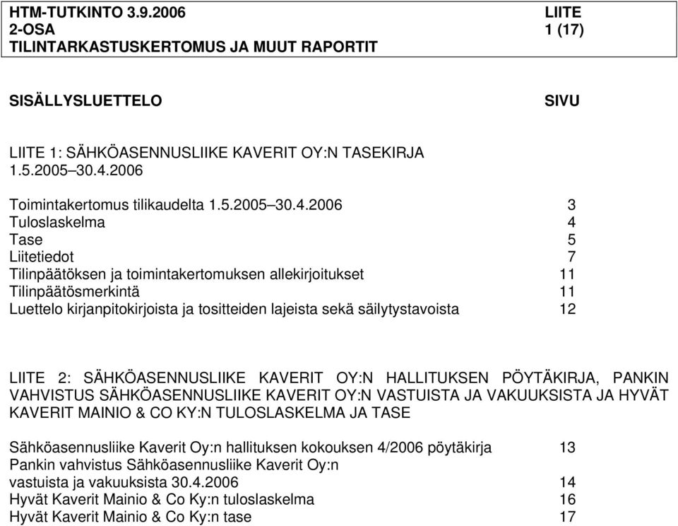 2006 3 Tuloslaskelma 4 Tase 5 Liitetiedot 7 Tilinpäätöksen ja toimintakertomuksen allekirjoitukset 11 Tilinpäätösmerkintä 11 Luettelo kirjanpitokirjoista ja tositteiden lajeista sekä säilytystavoista