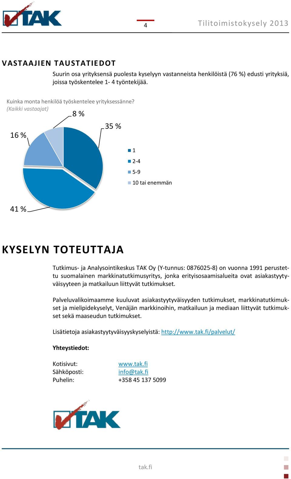 (Kaikki vastaajat) 16 % 8 % 35 % 1 2-4 5-9 10 tai enemmän 41 % KYSELYN TOTEUTTAJA Tutkimus- ja Analysointikeskus TAK Oy (Y-tunnus: 0876025-8) on vuonna 1991 perustettu suomalainen