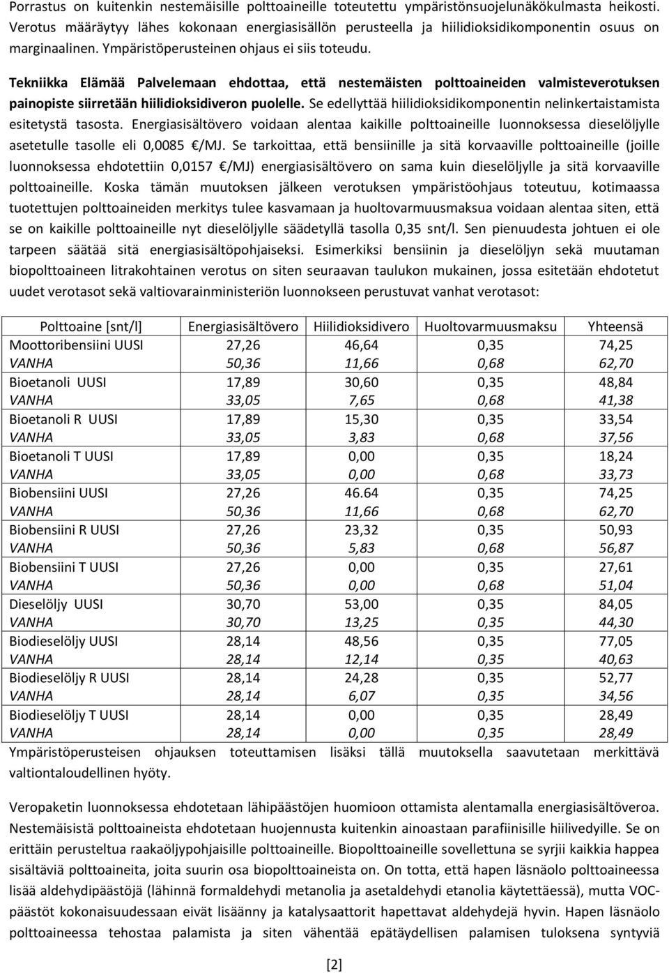 Tekniikka Elämää Palvelemaan ehdottaa, että nestemäisten polttoaineiden valmisteverotuksen painopiste siirretään hiilidioksidiveron puolelle.