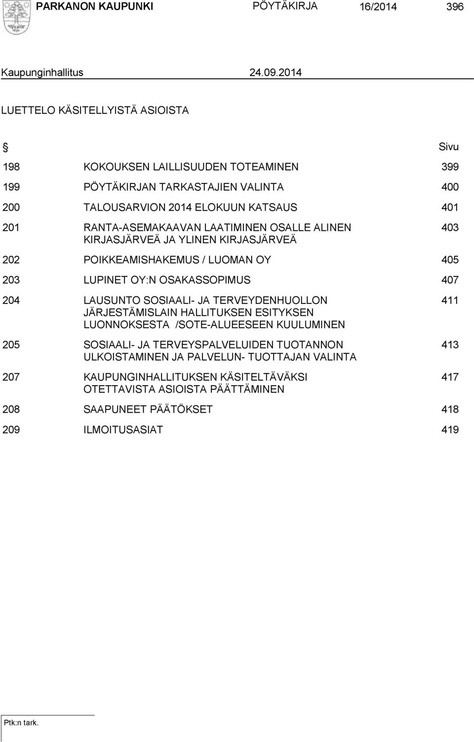 RANTA-ASEMAKAAVAN LAATIMINEN OSALLE ALINEN KIRJASJÄRVEÄ JA YLINEN KIRJASJÄRVEÄ 403 202 POIKKEAMISHAKEMUS / LUOMAN OY 405 203 LUPINET OY:N OSAKASSOPIMUS 407 204 LAUSUNTO SOSIAALI- JA