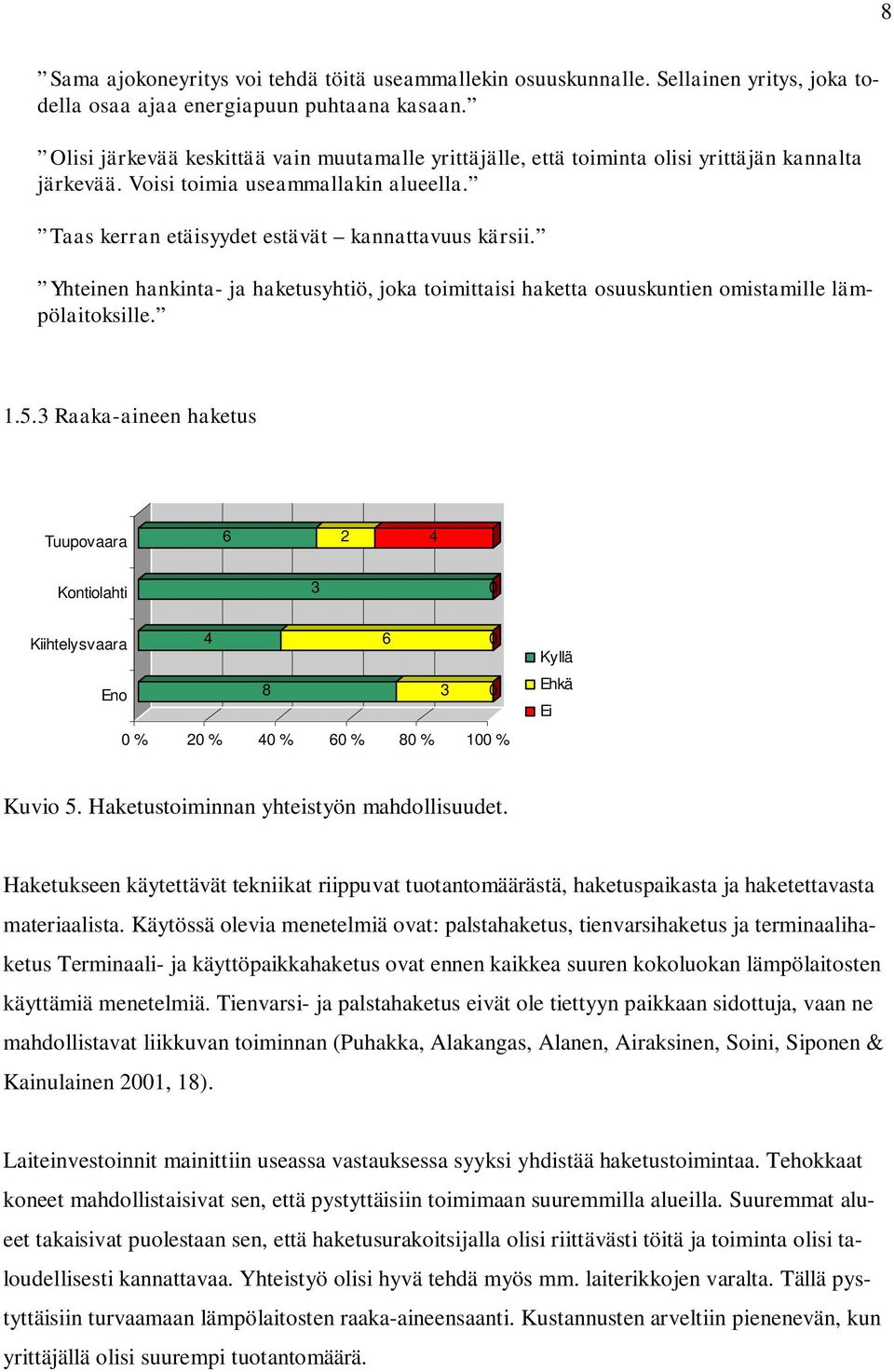 Yhteinen hankinta- ja haketusyhtiö, joka toimittaisi haketta osuuskuntien omistamille lämpölaitoksille. 1.5.3 Raaka-aineen haketus 6 2 4 3 0 Kiihtelysvaara 4 6 0 8 3 0 Kuvio 5.