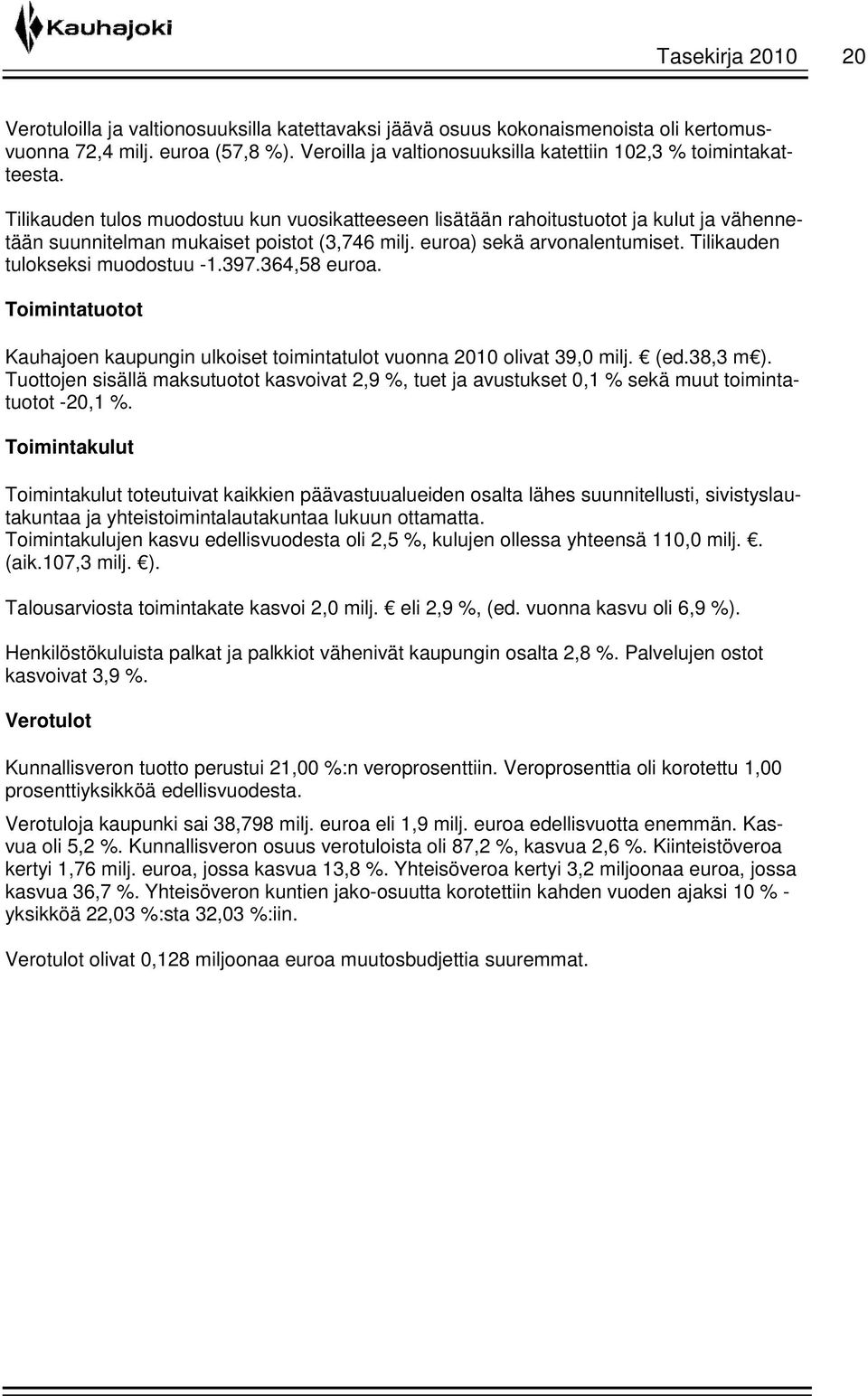 Tilikauden tulos muodostuu kun vuosikatteeseen lisätään rahoitustuotot ja kulut ja vähennetään suunnitelman mukaiset poistot (3,746 milj. euroa) sekä arvonalentumiset.