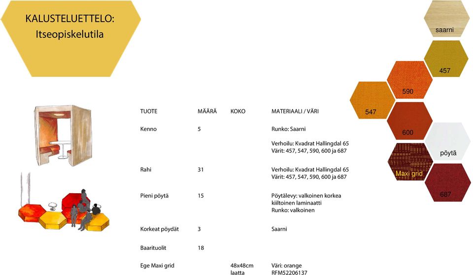 65 Värit: 457, 547, 590, 600 ja 687 Maxi grid Pieni pöytä 15 Pöytälevy: valkoinen korkea kiiltoinen laminaatti