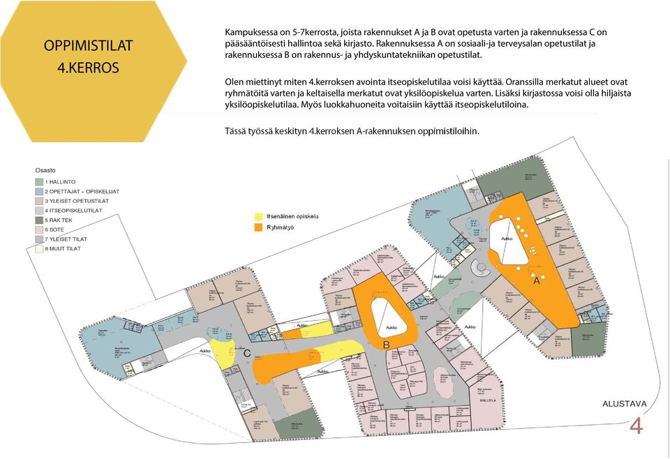 kerroksen avointa itseopiskelutilaa voisi käyttää. Oranssilla merkatut alueet ovat ryhmätöitä varten ja keltaisella merkatut ovat yksilöopiskelua varten.