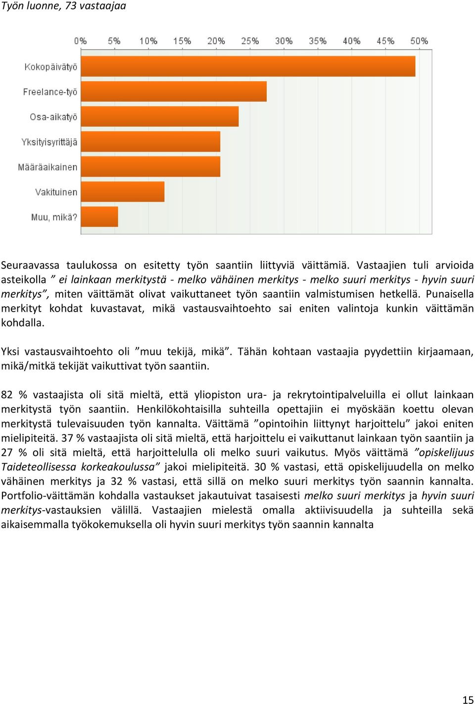 hetkellä. Punaisella merkityt kohdat kuvastavat, mikä vastausvaihtoehto sai eniten valintoja kunkin väittämän kohdalla. Yksi vastausvaihtoehto oli muu tekijä, mikä.