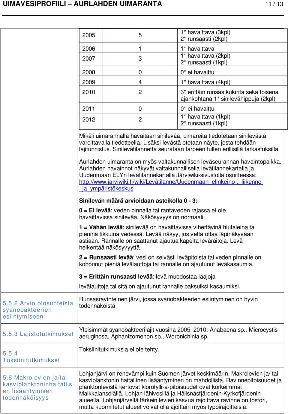 havaitaan sinilevää, uimareita tiedotetaan sinilevästä varoittavalla tiedotteella. Lisäksi levästä otetaan näyte, josta tehdään lajitunnistus.