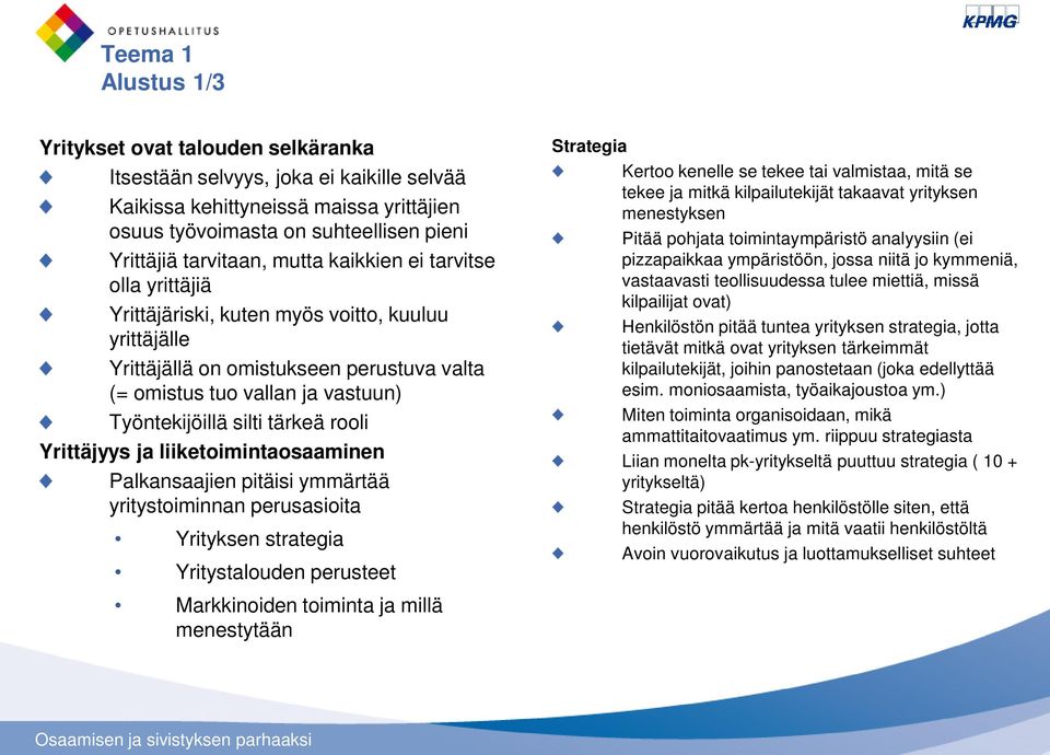 rooli Yrittäjyys ja liiketoimintaosaaminen Palkansaajien pitäisi ymmärtää yritystoiminnan perusasioita Yrityksen strategia Yritystalouden perusteet Strategia Kertoo kenelle se tekee tai valmistaa,