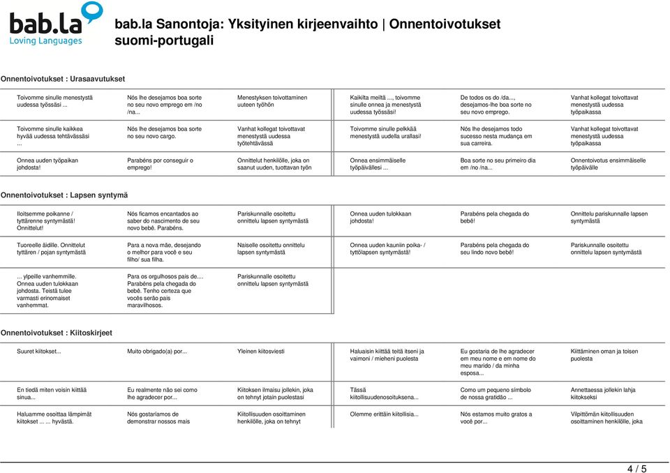 .. Nós lhe desejamos boa sorte no seu novo cargo. työtehtävässä Toivomme sinulle pelkkää menestystä uudella urallasi! Nós lhe desejamos todo sucesso nesta mudança em sua carreira.