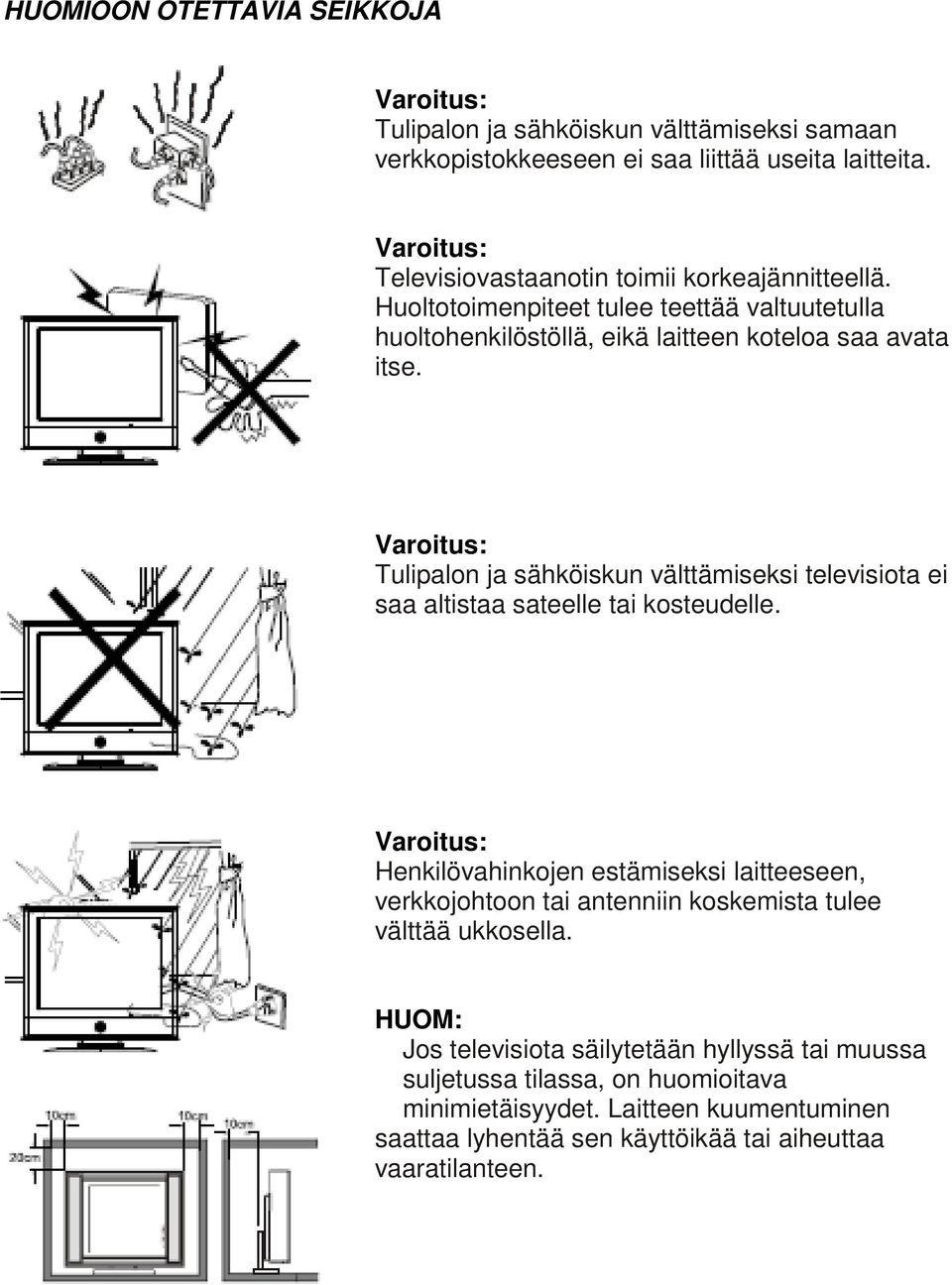 Varoitus: Tulipalon ja sähköiskun välttämiseksi televisiota ei saa altistaa sateelle tai kosteudelle.