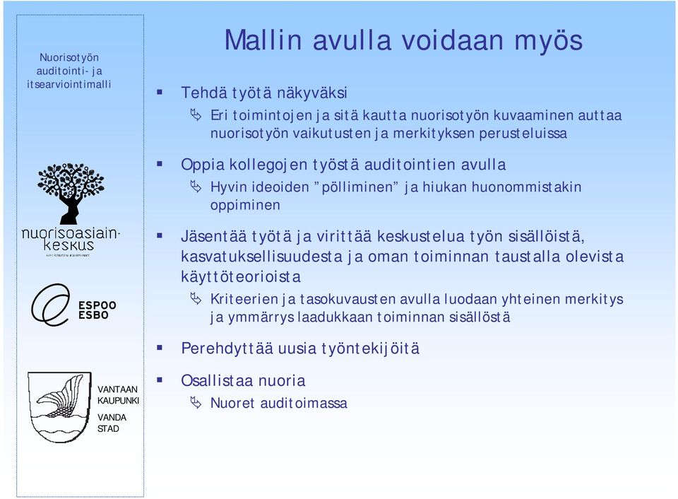 työtä ja virittää keskustelua työn sisällöistä, kasvatuksellisuudesta ja oman toiminnan taustalla olevista käyttöteorioista Kriteerien ja