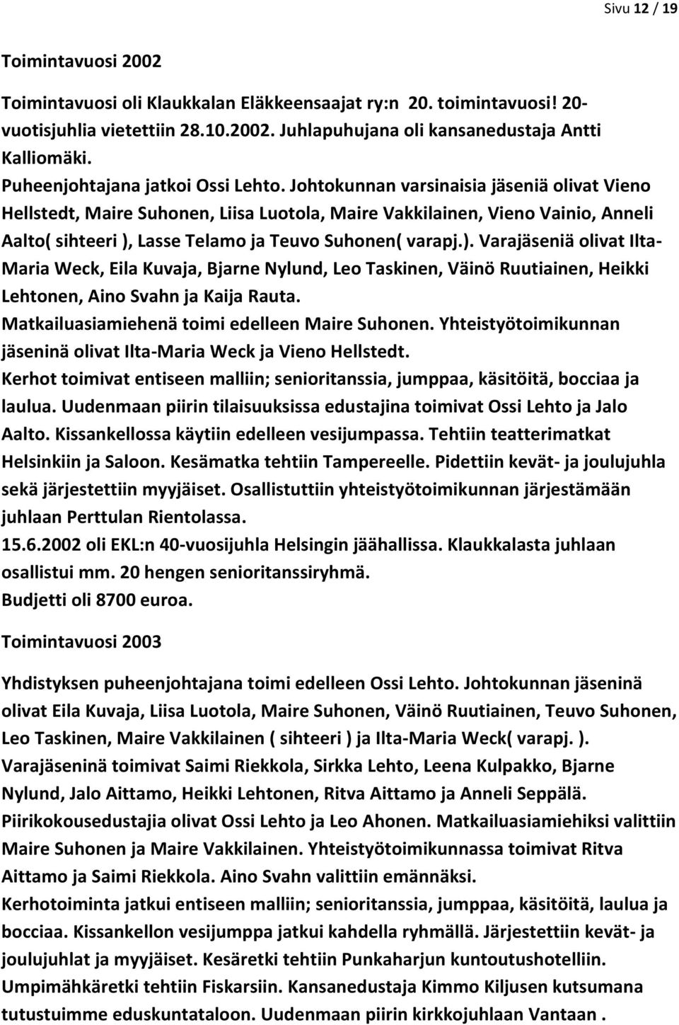 Johtokunnan varsinaisia jäseniä olivat Vieno Hellstedt, Maire Suhonen, Liisa Luotola, Maire Vakkilainen, Vieno Vainio, Anneli Aalto( sihteeri ),