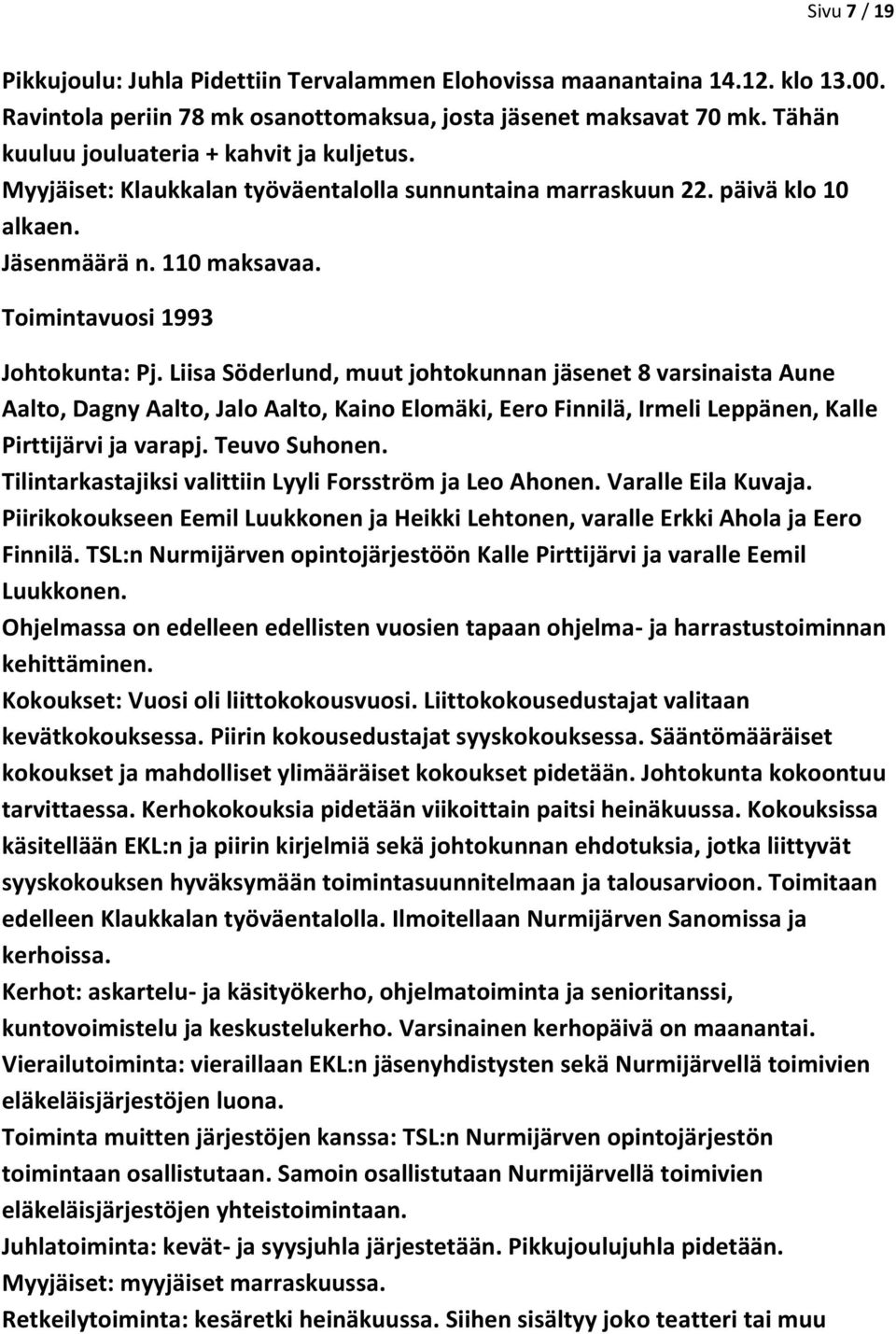 Liisa Söderlund, muut johtokunnan jäsenet 8 varsinaista Aune Aalto, Dagny Aalto, Jalo Aalto, Kaino Elomäki, Eero Finnilä, Irmeli Leppänen, Kalle Pirttijärvi ja varapj. Teuvo Suhonen.