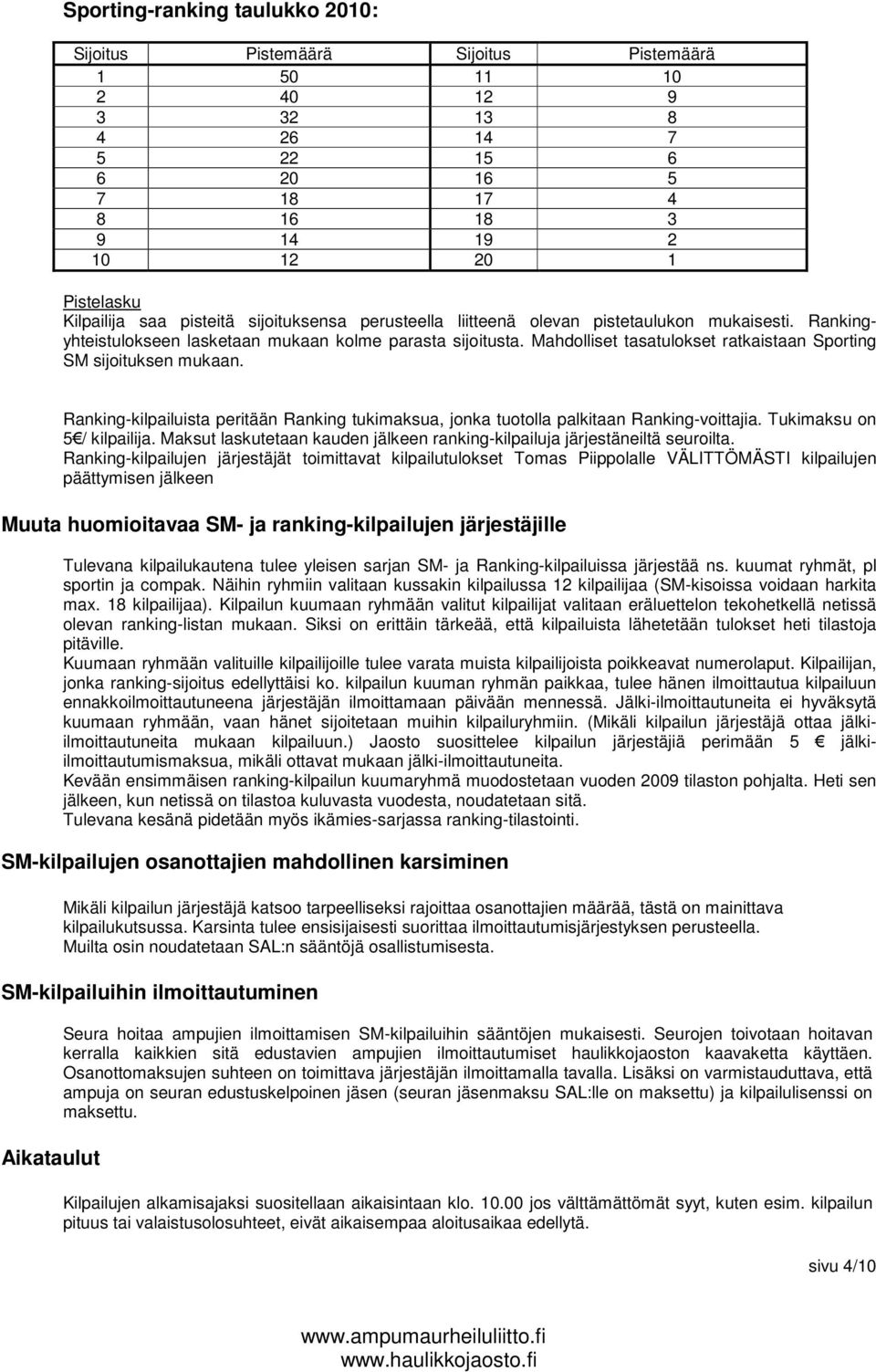 Mahdolliset tasatulokset ratkaistaan Sporting SM sijoituksen mukaan. Ranking-kilpailuista peritään Ranking tukimaksua, jonka tuotolla palkitaan Ranking-voittajia. Tukimaksu on 5 / kilpailija.