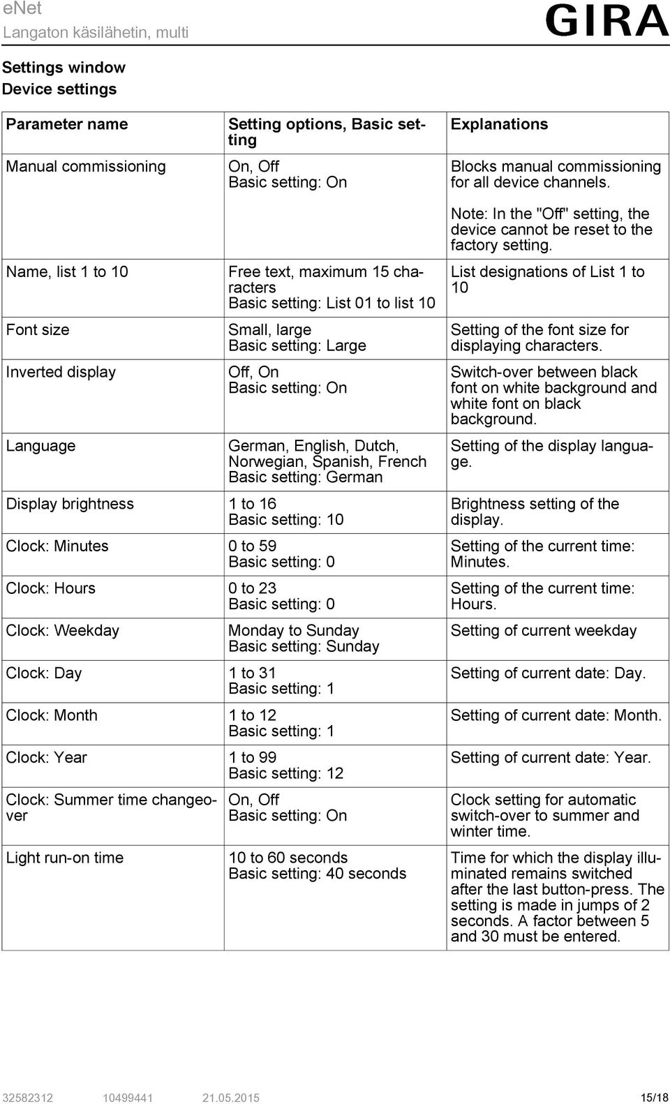 Name, list 1 t 10 Fnt size Inverted display Language Free text, maximum 15 characters Basic setting: List 01 t list 10 Small, large Basic setting: Large Off, On Basic setting: On German, English,