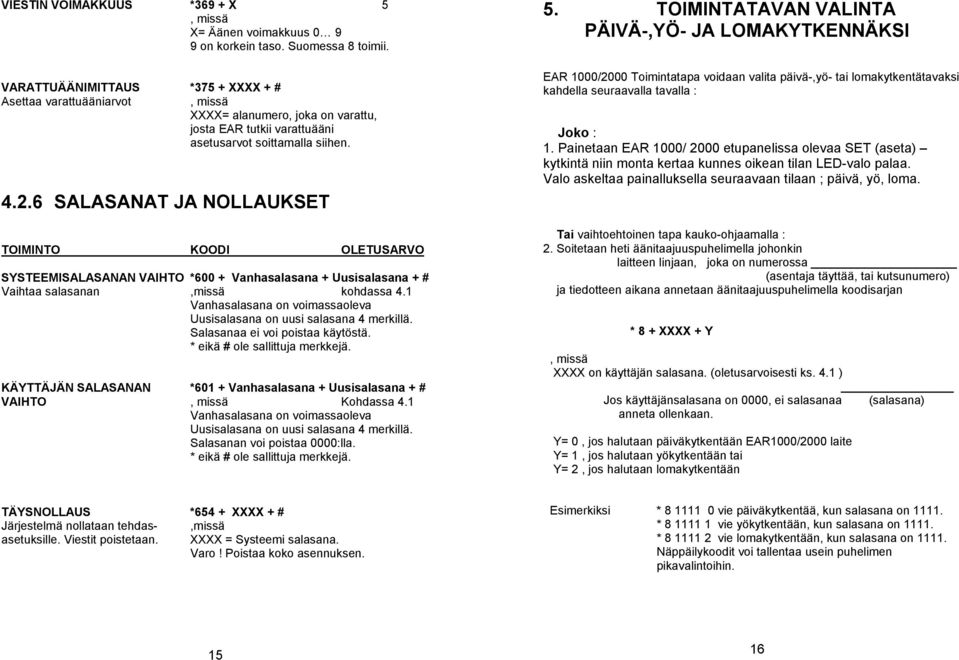 6 SALASANAT JA NOLLAUKSET TOIMINTO KOODI OLETUSARVO SYSTEEMISALASANAN VAIHTO *600 + Vanhasalasana + Uusisalasana + # Vaihtaa salasanan,missä kohdassa 4.